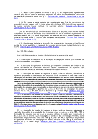 § 15. Após o prazo previsto no inciso IV do § 14, as programações orçamentárias
previstas no § 11 não serão de execução obrigatória nos casos dos impedimentos justificados
na notificação prevista no inciso I do § 14. (Incluído pela Emenda Constitucional nº 86, de
2015)
§ 16. Os restos a pagar poderão ser considerados para fins de cumprimento da
execução financeira prevista no § 11 deste artigo, até o limite de 0,6% (seis décimos por cento)
da receita corrente líquida realizada no exercício anterior. (Incluído pela Emenda
Constitucional nº 86, de 2015)
§ 17. Se for verificado que a reestimativa da receita e da despesa poderá resultar no não
cumprimento da meta de resultado fiscal estabelecida na lei de diretrizes orçamentárias, o
montante previsto no § 11 deste artigo poderá ser reduzido em até a mesma proporção da
limitação incidente sobre o conjunto das despesas discricionárias. (Incluído pela Emenda
Constitucional nº 86, de 2015)
§ 18. Considera-se equitativa a execução das programações de caráter obrigatório que
atenda de forma igualitária e impessoal às emendas apresentadas, independentemente da
autoria. (Incluído pela Emenda Constitucional nº 86, de 2015)
Art. 167. São vedados:
I - o início de programas ou projetos não incluídos na lei orçamentária anual;
II - a realização de despesas ou a assunção de obrigações diretas que excedam os
créditos orçamentários ou adicionais;
III - a realização de operações de créditos que excedam o montante das despesas de
capital, ressalvadas as autorizadas mediante créditos suplementares ou especiais com
finalidade precisa, aprovados pelo Poder Legislativo por maioria absoluta;
IV - a vinculação de receita de impostos a órgão, fundo ou despesa, ressalvadas a
repartição do produto da arrecadação dos impostos a que se referem os arts. 158 e 159, a
destinação de recursos para manutenção e desenvolvimento do ensino, como determinado
pelo art. 212, e a prestação de garantias às operações de crédito por antecipação de receita,
previstas no art. 165, § 8º;
IV - a vinculação de receita de impostos a órgão, fundo ou despesa, ressalvadas a
repartição do produto da arrecadação dos impostos a que se referem os arts. 158 e 159, a
destinação de recursos para manutenção e desenvolvimento do ensino, como determinado
pelo art. 212, e a prestação de garantias às operações de crédito por antecipação de receita,
previstas no art. 165, § 8.º, bem assim o disposto no § 4.º deste artigo; (Redação dada pela
Emenda Constitucional nº 3, de 1993)
IV - a vinculação de receita de impostos a órgão, fundo ou despesa, ressalvadas a
repartição do produto da arrecadação dos impostos a que se referem os arts. 158 e 159, a
destinação de recursos para as ações e serviços públicos de saúde e para manutenção e
desenvolvimento do ensino, como determinado, respectivamente, pelos arts. 198, § 2º, e 212, e
a prestação de garantias às operações de crédito por antecipação de receita, previstas no art.
165, § 8º, bem como o disposto no § 4º deste artigo;(Redação dada pela Emenda
Constitucional nº 29, de 2000)
IV - a vinculação de receita de impostos a órgão, fundo ou despesa, ressalvadas a
repartição do produto da arrecadação dos impostos a que se referem os arts. 158 e 159, a
destinação de recursos para as ações e serviços públicos de saúde, para manutenção e
desenvolvimento do ensino e para realização de atividades da administração tributária, como
determinado, respectivamente, pelos arts. 198, § 2º, 212 e 37, XXII, e a prestação de garantias
às operações de crédito por antecipação de receita, previstas no art. 165, § 8º, bem como o
disposto no § 4º deste artigo; (Redação dada pela Emenda Constitucional nº 42, de
19.12.2003)
 