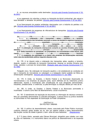 II - os recursos arrecadados serão destinados: (Incluído pela Emenda Constitucional nº 33,
de 2001)
a) ao pagamento de subsídios a preços ou transporte de álcool combustível, gás natural e
seus derivados e derivados de petróleo; (Incluído pela Emenda Constitucional nº 33, de 2001)
b) ao financiamento de projetos ambientais relacionados com a indústria do petróleo e do
gás; (Incluído pela Emenda Constitucional nº 33, de 2001)
c) ao financiamento de programas de infra-estrutura de transportes. (Incluído pela Emenda
Constitucional nº 33, de 2001)
Art. 178. A lei disporá sobre:
I - a ordenação dos transportes aéreo, aquático e terrestre;
II - a predominância dos armadores nacionais e navios de bandeira e registros brasileiros e
do país exportador ou importador;
III - o transporte de granéis;
IV - a utilização de embarcações de pesca e outras.
§ 1º A ordenação do transporte internacional cumprirá os acordos firmados pela União,
atendido o princípio da reciprocidade
§ 2º Serão brasileiros os armadores, os proprietários, os comandantes e dois terços, pelo
menos, dos tripulantes de embarcações nacionais
§ 3º A navegação de cabotagem e a interior são privativas de embarcações nacionais,
salvo caso de necessidade pública, segundo dispuser a lei.
Art. 178. A lei disporá sobre a ordenação dos transportes aéreo, aquático e terrestre,
devendo, quanto à ordenação do transporte internacional, observar os acordos firmados pela
União, atendido o princípio da reciprocidade. (Redação dada pela Emenda Constitucional nº 7,
de 1995)
Parágrafo único. Na ordenação do transporte aquático, a lei estabelecerá as condições em
que o transporte de mercadorias na cabotagem e a navegação interior poderão ser feitos por
embarcações estrangeiras. (Incluído pela Emenda Constitucional nº 7, de 1995)
Art. 179. A União, os Estados, o Distrito Federal e os Municípios dispensarão às
microempresas e às empresas de pequeno porte, assim definidas em lei, tratamento jurídico
diferenciado, visando a incentivá-las pela simplificação de suas obrigações administrativas,
tributárias, previdenciárias e creditícias, ou pela eliminação ou redução destas por meio de lei.
Art. 180. A União, os Estados, o Distrito Federal e os Municípios promoverão e
incentivarão o turismo como fator de desenvolvimento social e econômico.
Art. 181. O atendimento de requisição de documento ou informação de natureza comercial,
feita por autoridade administrativa ou judiciária estrangeira, a pessoa física ou jurídica residente
ou domiciliada no País dependerá de autorização do Poder competente.
CAPÍTULO II
DA POLÍTICA URBANA
Art. 182. A política de desenvolvimento urbano, executada pelo Poder Público municipal,
conforme diretrizes gerais fixadas em lei, tem por objetivo ordenar o pleno desenvolvimento
das funções sociais da cidade e garantir o bem- estar de seus habitantes. (Regulamento)
§ 1º O plano diretor, aprovado pela Câmara Municipal, obrigatório para cidades com mais
de vinte mil habitantes, é o instrumento básico da política de desenvolvimento e de expansão
urbana.
 