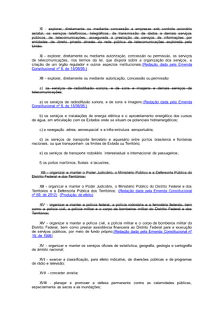 XI - explorar, diretamente ou mediante concessão a empresas sob controle acionário
estatal, os serviços telefônicos, telegráficos, de transmissão de dados e demais serviços
públicos de telecomunicações, assegurada a prestação de serviços de informações por
entidades de direito privado através da rede pública de telecomunicações explorada pela
União.
XI - explorar, diretamente ou mediante autorização, concessão ou permissão, os serviços
de telecomunicações, nos termos da lei, que disporá sobre a organização dos serviços, a
criação de um órgão regulador e outros aspectos institucionais;(Redação dada pela Emenda
Constitucional nº 8, de 15/08/95:)
XII - explorar, diretamente ou mediante autorização, concessão ou permissão:
a) os serviços de radiodifusão sonora, e de sons e imagens e demais serviços de
telecomunicações;
a) os serviços de radiodifusão sonora, e de sons e imagens;(Redação dada pela Emenda
Constitucional nº 8, de 15/08/95:)
b) os serviços e instalações de energia elétrica e o aproveitamento energético dos cursos
de água, em articulação com os Estados onde se situam os potenciais hidroenergéticos;
c) a navegação aérea, aeroespacial e a infra-estrutura aeroportuária;
d) os serviços de transporte ferroviário e aquaviário entre portos brasileiros e fronteiras
nacionais, ou que transponham os limites de Estado ou Território;
e) os serviços de transporte rodoviário interestadual e internacional de passageiros;
f) os portos marítimos, fluviais e lacustres;
XIII - organizar e manter o Poder Judiciário, o Ministério Público e a Defensoria Pública do
Distrito Federal e dos Territórios;
XIII - organizar e manter o Poder Judiciário, o Ministério Público do Distrito Federal e dos
Territórios e a Defensoria Pública dos Territórios; (Redação dada pela Emenda Constitucional
nº 69, de 2012) (Produção de efeito)
XIV - organizar e manter a polícia federal, a polícia rodoviária e a ferroviária federais, bem
como a polícia civil, a polícia militar e o corpo de bombeiros militar do Distrito Federal e dos
Territórios;
XIV - organizar e manter a polícia civil, a polícia militar e o corpo de bombeiros militar do
Distrito Federal, bem como prestar assistência financeira ao Distrito Federal para a execução
de serviços públicos, por meio de fundo próprio;(Redação dada pela Emenda Constitucional nº
19, de 1998)
XV - organizar e manter os serviços oficiais de estatística, geografia, geologia e cartografia
de âmbito nacional;
XVI - exercer a classificação, para efeito indicativo, de diversões públicas e de programas
de rádio e televisão;
XVII - conceder anistia;
XVIII - planejar e promover a defesa permanente contra as calamidades públicas,
especialmente as secas e as inundações;
 