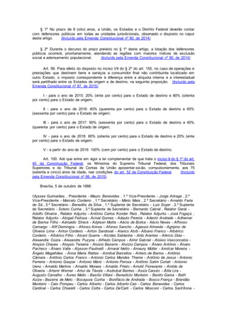 § 1º No prazo de 8 (oito) anos, a União, os Estados e o Distrito Federal deverão contar
com defensores públicos em todas as unidades jurisdicionais, observado o disposto no caput
deste artigo. (Incluído pela Emenda Constitucional nº 80, de 2014)
§ 2º Durante o decurso do prazo previsto no § 1º deste artigo, a lotação dos defensores
públicos ocorrerá, prioritariamente, atendendo as regiões com maiores índices de exclusão
social e adensamento populacional. (Incluído pela Emenda Constitucional nº 80, de 2014)
Art. 99. Para efeito do disposto no inciso VII do § 2º do art. 155, no caso de operações e
prestações que destinem bens e serviços a consumidor final não contribuinte localizado em
outro Estado, o imposto correspondente à diferença entre a alíquota interna e a interestadual
será partilhado entre os Estados de origem e de destino, na seguinte proporção: (Incluído pela
Emenda Constitucional nº 87, de 2015)
I - para o ano de 2015: 20% (vinte por cento) para o Estado de destino e 80% (oitenta
por cento) para o Estado de origem;
II - para o ano de 2016: 40% (quarenta por cento) para o Estado de destino e 60%
(sessenta por cento) para o Estado de origem;
III - para o ano de 2017: 60% (sessenta por cento) para o Estado de destino e 40%
(quarenta por cento) para o Estado de origem;
IV - para o ano de 2018: 80% (oitenta por cento) para o Estado de destino e 20% (vinte
por cento) para o Estado de origem;
V - a partir do ano de 2019: 100% (cem por cento) para o Estado de destino.
Art. 100. Até que entre em vigor a lei complementar de que trata o inciso II do § 1º do art.
40 da Constituição Federal, os Ministros do Supremo Tribunal Federal, dos Tribunais
Superiores e do Tribunal de Contas da União aposentar-se-ão, compulsoriamente, aos 75
(setenta e cinco) anos de idade, nas condições do art. 52 da Constituição Federal. (Incluído
pela Emenda Constitucional nº 88, de 2015)
Brasília, 5 de outubro de 1988.
Ulysses Guimarães , Presidente - Mauro Benevides , 1.º Vice-Presidente - Jorge Arbage , 2.º
Vice-Presidente - Marcelo Cordeiro , 1.º Secretário - Mário Maia , 2.º Secretário - Arnaldo Faria
de Sá , 3.º Secretário - Benedita da Silva , 1.º Suplente de Secretário - Luiz Soyer , 2.º Suplente
de Secretário - Sotero Cunha , 3.º Suplente de Secretário - Bernardo Cabral , Relator Geral -
Adolfo Oliveira , Relator Adjunto - Antônio Carlos Konder Reis , Relator Adjunto - José Fogaça ,
Relator Adjunto - Abigail Feitosa - Acival Gomes - Adauto Pereira - Ademir Andrade - Adhemar
de Barros Filho - Adroaldo Streck - Adylson Motta - Aécio de Borba - Aécio Neves - Affonso
Camargo - Afif Domingos - Afonso Arinos - Afonso Sancho - Agassiz Almeida - Agripino de
Oliveira Lima - Airton Cordeiro - Airton Sandoval - Alarico Abib - Albano Franco - Albérico
Cordeiro - Albérico Filho - Alceni Guerra - Alcides Saldanha - Aldo Arantes - Alércio Dias -
Alexandre Costa - Alexandre Puzyna - Alfredo Campos - Almir Gabriel - Aloisio Vasconcelos -
Aloysio Chaves - Aloysio Teixeira - Aluizio Bezerra - Aluízio Campos - Álvaro Antônio - Álvaro
Pacheco - Álvaro Valle - Alysson Paulinelli - Amaral Netto - Amaury Müller - Amilcar Moreira -
Ângelo Magalhães - Anna Maria Rattes - Annibal Barcellos - Antero de Barros - Antônio
Câmara - Antônio Carlos Franco - Antonio Carlos Mendes Thame - Antônio de Jesus - Antonio
Ferreira - Antonio Gaspar - Antonio Mariz - Antonio Perosa - Antônio Salim Curiati - Antonio
Ueno - Arnaldo Martins - Arnaldo Moraes - Arnaldo Prieto - Arnold Fioravante - Arolde de
Oliveira - Artenir Werner - Artur da Távola - Asdrubal Bentes - Assis Canuto - Átila Lira -
Augusto Carvalho - Áureo Mello - Basílio Villani - Benedicto Monteiro - Benito Gama - Beth
Azize - Bezerra de Melo - Bocayuva Cunha - Bonifácio de Andrada - Bosco França - Brandão
Monteiro - Caio Pompeu - Carlos Alberto - Carlos Alberto Caó - Carlos Benevides - Carlos
Cardinal - Carlos Chiarelli - Carlos Cotta - Carlos De’Carli - Carlos Mosconi - Carlos Sant’Anna -
 