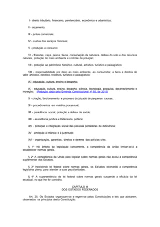 I - direito tributário, financeiro, penitenciário, econômico e urbanístico;
II - orçamento;
III - juntas comerciais;
IV - custas dos serviços forenses;
V - produção e consumo;
VI - florestas, caça, pesca, fauna, conservação da natureza, defesa do solo e dos recursos
naturais, proteção do meio ambiente e controle da poluição;
VII - proteção ao patrimônio histórico, cultural, artístico, turístico e paisagístico;
VIII - responsabilidade por dano ao meio ambiente, ao consumidor, a bens e direitos de
valor artístico, estético, histórico, turístico e paisagístico;
IX - educação, cultura, ensino e desporto;
IX - educação, cultura, ensino, desporto, ciência, tecnologia, pesquisa, desenvolvimento e
inovação; (Redação dada pela Emenda Constitucional nº 85, de 2015)
X - criação, funcionamento e processo do juizado de pequenas causas;
XI - procedimentos em matéria processual;
XII - previdência social, proteção e defesa da saúde;
XIII - assistência jurídica e Defensoria pública;
XIV - proteção e integração social das pessoas portadoras de deficiência;
XV - proteção à infância e à juventude;
XVI - organização, garantias, direitos e deveres das polícias civis.
§ 1º No âmbito da legislação concorrente, a competência da União limitar-se-á a
estabelecer normas gerais.
§ 2º A competência da União para legislar sobre normas gerais não exclui a competência
suplementar dos Estados.
§ 3º Inexistindo lei federal sobre normas gerais, os Estados exercerão a competência
legislativa plena, para atender a suas peculiaridades.
§ 4º A superveniência de lei federal sobre normas gerais suspende a eficácia da lei
estadual, no que lhe for contrário.
CAPÍTULO III
DOS ESTADOS FEDERADOS
Art. 25. Os Estados organizam-se e regem-se pelas Constituições e leis que adotarem,
observados os princípios desta Constituição.
 