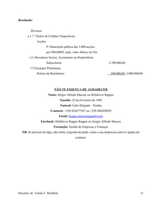 Resolução:
Diversos
a 1.7. Títulos de Créditos Negociáveis
Acções
P/ Subscrição pública das 3.000 acções
por 900,00MT cada, valor Abaixo do Par
1.6. Devedores Sócios, Accionistas ou Proprietários
Subscritores 2.700.000,00
3.5 Encargos Plurianuias
Prémio de Reembolso 300.000,00 3.000.000,00
NÃO TE ESQUEÇA DE AGRADECER
Nome: Sérgio Alfredo Macore ou Helldriver Rapper
Nascido: 22 de Fevereiro de 1992
Natural: Cabo Delgado – Pemba
Contacto: +258 826677547 ou +258 846458829
Email: Sergio.macore@gamil.com
Facebook: Helldriver Rapper Rapper ou Sergio Alfredo Macore
Formação: Gestão de Empresas e Finanças
NB: Se precisar de algo, não tenha vergonha de pedir, estou a sua disposicao para te ajudar,me
contacte.
Docente: dr. Tomás F. Dembele 11
 