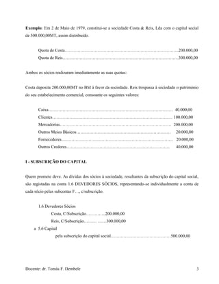 Exemplo: Em 2 de Maio de 1979, constitui-se a sociedade Costa & Reis, Lda com o capital social
de 500.000,00MT, assim distribuído.
Quota de Costa……………………………………………………………………..200.000,00
Quota de Reis………………………………………………………………………300.000,00
Ambos os sócios realizaram imediatamente as suas quotas:
Costa deposita 200.000,00MT no BM à favor da sociedade. Reis trespassa à sociedade o património
do seu estabelecimento comercial, consoante os seguintes valores:
Caixa…………………………………………………………………………… 40.000,00
Clientes………………………………………………………………………… 100.000,00
Mercadorias…………………………………………………………………… 200.000,00
Outros Meios Básicos………………………………………………………… 20.000,00
Fornecedores…………………………………………………………………… 20.000,00
Outros Credores……………………………………………………………… 40.000,00
I - SUBSCRIÇÃO DO CAPITAL
Quem promete deve. As dívidas dos sócios à sociedade, resultantes da subscrição do capital social,
são registadas na conta 1.6 DEVEDORES SÓCIOS, representando-se individualmente a conta de
cada sócio pelas subcontas F…, c/subscrição.
1.6 Devedores Sócios
Costa, C/Subscrição…………..200.000,00
Reis, C/Subscrição……… ……300.000,00
a 5.6 Capital
pela subscrição do capital social……………………………………500.000,00
Docente: dr. Tomás F. Dembele 3
 