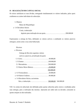 II – REALIZAÇÃO DO CAPITAL SOCIAL
Os sócios satisfazem as suas dívidas, entregando imediatamente os valores indicados, pelos quais
creditamos as contas individuais de subscrição.
1.2 Bancos
Banco de Moçambique
a 1.6 Devedores Sócios
Costa, c/subscrição
depósito para realização da sua quota………………………………..200.000,00
Expressamos a entrega de Reis, debitando os valores activos e creditando os valores passivos
entregues, assim como a sua conta Subscrição.
Diversos
a Diversos
Entrega de Reis dos seguintes valores
activos e passivos, p/realização da quota
1.1 Caixa…………………………… ………….…40.000,00
1.3 Clientes…………………….………..………..100.000,00
2.1 Mercadorias……………………….…………200.000,00
3.3 Outros Meios Básicos………………………...20.000,00
360.000,00
a 4.3 Fornecedores………………………………. ..20.000,00
a 4.8 Outros Credores………………………….… .40.000,00
a 1.6 Devedores Sócios, accionistas
Reis, c/subscrição…………………….……. 300.000,00 360.000,00
N.B: As contas de subscrição são debitadas pelas quotas subscritas pelos sócios e creditadas pelas
suas entregas, para a realização das mesmas. Apresenta um saldo nulo ou devedor, consoante as
quotas estejam ou não realizadas.
Docente: dr. Tomás F. Dembele 4
 