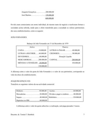Joaquim Gonçalves…………….200.000,00
José Martins……………………150.000,00
600.000,00
Os três eram comerciantes em nome individual, do mesmo ramo de negócio e resolveram formar a
sociedade acima referida, tendo para o efeito transferido para a sociedade os valores patrimoniais
dos seus estabelecimentos, como se seguem:
JOÃO FERNANDES
Balanço de João Fernandes em 31 de Dezembro de 1979
Activo
CAIXA…………………….10.000,00
LETRAS A RECEBER……60.000,00
DEVEDORES……………...40.000,00
MERCADORIAS…………200.000,00
MÓVEIS E UTENSÍLIOS 20.000,00
330.000,00
Passivo
LETRAS A PAGAR…………40.000,00
CREDORES………………….90.000,00
Situação Líquida
CAPITAL……………………200.000,00
330.000,00
A diferença entre o valor da quota de João Fernandes e o valor do seu património, corresponde ao
valor da chave do estabelecimento.
JOAQUIM GONÇELVES
Transferiu os seguintes valores da sua actividade comercial:
Dinheiro………………………50.000,00
Mercadorias…………………...30.000,00
Saques…………………………40.000,00
Depósitos no BM……………...60.000,00
Aceites………………………….60.000,00
Dívidas a pagar a credores……...80.000,00
Mobiliário………………………120.000,00
A diferença entre o valor da quota subscrita e a realização, será paga passados 3 meses.
Docente: dr. Tomás F. Dembele 7
 