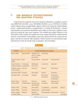 43
• JOVENS EMPREENDEDORES E O PROCESSO DE CRIAÇÃO DE EMPRESAS •
CÂNDIDO BORGES • LOUIS JACQUES FILION • GERMAIN SIMARD
2 UM MODELO ESTRUTURADO
EM QUATRO ETAPAS
O processo de criação de uma nova empresa é dinâmico, complexo e não li-
near (BRUYAT; JULIEN, 2001; DELMAR; SHANE, 2002; FAYOLLE; FILION,
2006). Apesar dessa complexidade, alguns autores do campo do empreendedo-
rismo – objetivando facilitar a compreensão e o estudo do fenômeno – tentam
esquematizar esse processo dividindo-o por etapas ou fases que explicam o pro-
cesso de criação de uma nova empresa. Um modelo por etapas clássico é o de
Churchill e Lewis (1983); tal modelo tem cinco etapas (existência, sobrevivência,
sucesso, crescimento e maturidade) e não trata apenas da fase de criação da em-
presa, mas de seu ciclo de vida completo. Outros autores se concentraram espe-
ciﬁcamente na fase de criação (veja no Quadro 1 dez exemplos).
QUADRO 1
DEZ MODELOS DE CRIAÇÃO DE EMPRESAS
AUTORES ETAPAS DO PROCESSO DE CRIAÇÃO
Bhave (1994) Oportunidade Preparação da
tecnol. e criação
da empresa
Intercâmbio
Clarysse e Moray
(2004)
Idéia Pré-lançamento Lançamento Pós-lançamento
Gasse, Diochon
e Menzies (2002)
Concepção
e preparação
Mobilização
de recursos
Lançamento Operações
Gelderen, Bosma
e Thurik (2001)
Intenção Fronteiras Recursos Intercâmbios
Hernandez (2001) Iniciação Maturidade Decisão Finalização
Reynolds (2000) Concepção Gestação Nascimento
da empresa
Crescimento,
ou persistência,
ou abandono
Shook, Priem e
McGee (2003)
Intenção
empreendedora
Procura e
descoberta da
oportunidade
Decisão
de explorar
Exploração da
oportunidade
Tesfaye (1997) Iniciação Aclimatação Consolidação Lançamento Infância
Vésper (1990) Conceito Planejamento Implementação
Vohora, Wright
e Lockett (2004)
Pesquisa Modelar a
oportunidade
Pré-organização Reorientação Retorno
sustentável
Fonte: Elaborado pelos autores.
 