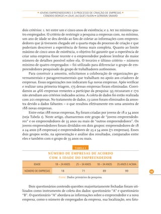 45
• JOVENS EMPREENDEDORES E O PROCESSO DE CRIAÇÃO DE EMPRESAS •
CÂNDIDO BORGES • LOUIS JACQUES FILION • GERMAIN SIMARD
dois critérios: 1. ter entre um e cinco anos de existência; e 2. ter no mínimo qua-
tro empregados. O critério de restringir a pesquisa a empresas com, no mínimo,
um ano de idade se deu devido ao fato de coletar as informações com empreen-
dedores que já tivessem chegado até a quarta etapa do processo de criação e que
poderiam descrever a experiência de forma mais completa. Quanto ao limite
máximo de cinco anos de existência, o objetivo foi garantir que a experiência de
criar uma empresa fosse recente e o empreendedor pudesse lembrar do maior
número de detalhes possível sobre ela. O terceiro e último critério – número
mínimo de quatro empregados – foi utilizado para diferenciar o grupo de em-
preendedores pesquisado do grupo de trabalhadores autônomos.
Para construir a amostra, solicitamos a colaboração de organizações go-
vernamentais e paragovernamentais que trabalham no apoio aos criadores de
empresas. Essas organizações nos indicaram 641 novas empresas. Após veriﬁcar
e realizar uma primeira triagem, 175 dessas empresas foram eliminadas. Convi-
damos as 466 empresas restantes a participar da pesquisa: 95 recusaram e 170
não atendiam aos critérios indicados acima. A coleta de dados foi então realizada
com 201 empresas. No tratamento de dados, 13 casos foram eliminados da amos-
tra devido a dados faltantes – o que resultou efetivamente em uma amostra de
188 novas empresas.
Entre estas 188 novas empresas, 89 foram criadas por jovens de 18 a 34 anos
(veja Tabela 1). Neste artigo, chamaremos este grupo de “jovens empreendedo-
res” e os empreendedores de 35 anos ou mais de “outros empreendedores”. Os
jovens empreendedores foram divididos em dois grupos: empreendedores de 18
a 24 anos (18 empresas) e empreendedores de 25 a 34 anos (71 empresas). Esses
dois grupos serão, na apresentação e análise dos resultados, comparados entre
eles e também com o grupo de 35 anos ou mais.
TABELA 1
NÚMERO DE EMPRESAS DE ACORDO
COM A IDADE DO EMPREENDEDOR
IDADE 18 – 24 ANOS 25 – 34 ANOS 18 – 34 ANOS 35 ANOS E ACIMA
NÚMERO DE EMPRESAS 18 71 89 99
Fonte: Dados primários da pesquisa.
Dois questionários contendo questões majoritariamente fechadas foram uti-
lizados como instrumento de coleta dos dados: questionário “A” e questionário
“B”. O questionário “A” abordava as informações sobre o empreendedor e a nova
empresa, como o número de empregados da empresa, sua localização, seu fatu-
 