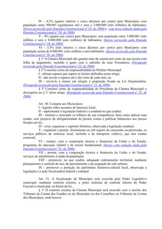 IV - 4,5% (quatro inteiros e cinco décimos por cento) para Municípios com
população entre 500.001 (quinhentos mil e um) e 3.000.000 (três milhões) de habitantes;
(Inciso acrescido pela Emenda Constitucional nº 25, de 2000).e com nova redação dada pela
Emenda Constitucional nº 58, de 2009)
            V - 4% (quatro por cento) para Municípios com população entre 3.000.001 (três
milhões e um) e 8.000.000 (oito milhões) de habitantes; (Inciso acrescido pela Emenda
Constitucional nº 58, de 2009)
            VI - 3,5% (três inteiros e cinco décimos por cento) para Municípios com
população acima de 8.000.001 (oito milhões e um) habitantes. (Inciso acrescido pela Emenda
Constitucional nº 58, de 2009)
            § 1º A Câmara Municipal não gastará mais de setenta por cento de sua receita com
folha de pagamento, incluído o gasto com o subsídio de seus Vereadores. (Parágrafo
acrescido pela Emenda Constitucional nº 25, de 2000)
            § 2º Constitui crime de responsabilidade do Prefeito Municipal:
            I - efetuar repasse que supere os limites definidos neste artigo;
            II - não enviar o repasse até o dia vinte de cada mês; ou
            III - enviá-lo a menor em relação à proporção fixada na Lei Orçamentária.
(Parágrafo acrescido pela Emenda Constitucional nº 25, de 2000)
            § 3º Constitui crime de responsabilidade do Presidente da Câmara Municipal o
desrespeito ao § 1º deste artigo. (Parágrafo acrescido pela Emenda Constitucional nº 25, de
2000)

            Art. 30. Compete aos Municípios:
            I - legislar sobre assuntos de interesse local;
            II - suplementar a legislação federal e a estadual no que couber;
            III - instituir e arrecadar os tributos de sua competência, bem como aplicar suas
rendas, sem prejuízo da obrigatoriedade de prestar contas e publicar balancetes nos prazos
fixados em lei;
            IV - criar, organizar e suprimir Distritos, observada a legislação estadual;
            V - organizar e prestar, diretamente ou sob regime de concessão ou permissão, os
serviços públicos de interesse local, incluído o de transporte coletivo, que tem caráter
essencial;
            VI - manter, com a cooperação técnica e financeira da União e do Estado,
programas de educação infantil e de ensino fundamental; (Inciso com redação dada pela
Emenda Constitucional nº 53, de 2006)
            VII - prestar, com a cooperação técnica e financeira da União e do Estado,
serviços de atendimento à saúde da população;
            VIII - promover, no que couber, adequado ordenamento territorial, mediante
planejamento e controle do uso, do parcelamento e da ocupação do solo urbano;
            IX - promover a proteção do patrimônio histórico-cultural local, observada a
legislação e a ação fiscalizadora federal e estadual.

           Art. 31. A fiscalização do Município será exercida pelo Poder Legislativo
municipal, mediante controle externo, e pelos sistemas de controle interno do Poder
Executivo municipal, na forma da lei.
           § 1º O controle externo da Câmara Municipal será exercido com o auxílio dos
Tribunais de Contas dos Estados ou do Município ou dos Conselhos ou Tribunais de Contas
dos Municípios, onde houver.
 