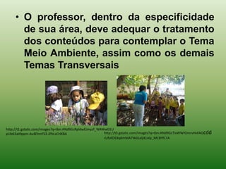 • O professor, dentro da especificidade
       de sua área, deve adequar o tratamento
       dos conteúdos para contemplar o Tema
       Meio Ambiente, assim como os demais
       Temas Transversais




http://t1.gstatic.com/images?q=tbn:ANd9GcRpldwEJmyzf_WAWw01U
pUb63aJ0ppm-Av4ElnnFS3-JPbLsCHXBA                       http://t0.gstatic.com/images?q=tbn:ANd9GcTixWWfOmrvHxFAQcdd
                                                        rUfsKDE8q6mMA7W0Lelj41Aly_MCBYfC7A
 