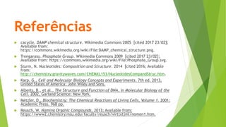 Referências
 cacycle. DAMP chemical structure. Wikimedia Commons 2005 [cited 2017 23/02];
Available from:
https://commons.wikimedia.org/wiki/File:DAMP_chemical_structure.png.
 Trengarasu. Phosphate Group. Wikimedia Commons 2009 [cited 2017 23/02];
Available from: https://commons.wikimedia.org/wiki/File:Phosphate_Group.svg.
 Sturm, N. Nucleotides: Composition and Structure. 2014 [cited 2016; Available
from:
http://chemistry.gravitywaves.com/CHEMXL153/NucleotidesCompandStruc.htm.
 Karp, G., Cell and Molecular Biology Concepts and Experiments. 7th ed. 2013,
United States of America: John Wiley and Sons.
 Alberts, B., et al., The Structure and Function of DNA, in Molecular Biology of the
Cell. 2002, Garland Science: New York.
 Metzler, D., Biochemistry: The Chemical Reactions of Living Cells, Volume 1. 2001:
Academic Press. 968 pp.
 Reusch, W. Naming Organic Compounds. 2013; Available from:
https://www2.chemistry.msu.edu/faculty/reusch/virttxtjml/nomen1.htm.
 