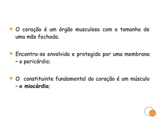O coração é um órgão musculoso com o tamanho de uma mão fechada. Encontra-se envolvido e protegido por uma membrana – o pericárdio; O  constituinte fundamental do coração é um músculo –  o miocárdio ; 