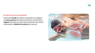 Funções do sistema respiratório
A principal função do sistema respiratório é assegurar
as trocas gasosas (hematose pulmonar), fornecendo o
oxigénio necessário ao bom funcionamento das células
e libertando o dióxido de carbono em excesso.

 