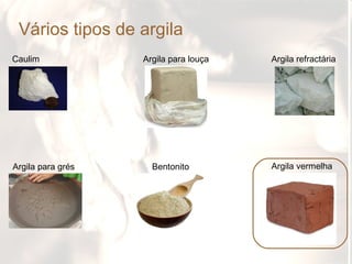 Vários tipos de argila
Caulim              Argila para louça   Argila refractária




            Os vários tipos de argila

Argila para grés      Bentonito         Argila vermelha
 