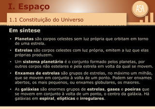 1.1 Constituição do Universo
I. Espaço
Em síntese
• Planetas são corpos celestes sem luz própria que orbitam em torno
de uma estrela.
• Estrelas são corpos celestes com luz própria, emitem a luz que elas
próprias produzem.
• Um sistema planetário é o conjunto formado pelos planetas, por
outros corpos não estelares e pela estrela em volta da qual se movem.
• Enxames de estrelas são grupos de estrelas, no máximo um milhão,
que se movem em conjunto à volta de um ponto. Podem ser enxames
abertos, os mais pequenos, ou enxames globulares, os maiores.
• As galáxias são enormes grupos de estrelas, gases e poeiras que
se movem em conjunto à volta de um ponto, o centro da galáxia. Há
galáxias em espiral, elípticas e irregulares.
 
