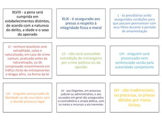 XLVIII - a pena será 
cumprida em 
estabelecimentos distintos, 
de acordo com a natureza 
do delito, a idade e o sexo 
do apenado 
XLIX - é assegurado aos 
presos o respeito à 
integridade física e moral 
L - às presidiárias serão 
asseguradas condições para 
que possam permanecer com 
seus filhos durante o período 
de amamentação 
LI - nenhum brasileiro será 
extraditado, salvo o 
naturalizado, em caso de crime 
comum, praticado antes da 
naturalização, ou de 
comprovado envolvimento em 
tráfico ilícito de entorpecentes 
e drogas afins, na forma da lei 
LII - não será concedida 
extradição de estrangeiro 
por crime político ou de 
opinião 
LIII - ninguém será 
processado nem 
sentenciado senão pela 
autoridade competente 
LIV - ninguém será privado da 
liberdade ou de seus bens sem 
o devido processo legal 
LV - aos litigantes, em processo 
judicial ou administrativo, e aos 
acusados em geral são assegurados 
o contraditório e ampla defesa, com 
os meios e recursos a ela inerentes 
LVI - são inadmissíveis, 
no processo, as provas 
obtidas por meios 
ilícitos; 
 