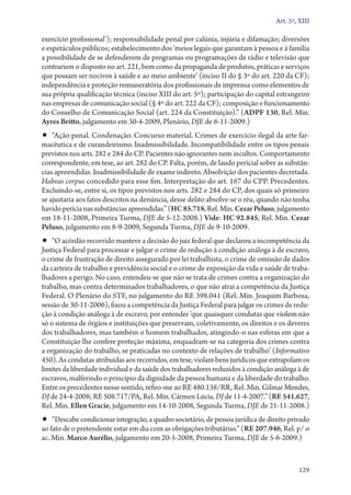 Art. 5º, XIII

exercício profissional’); responsabilidade penal por calúnia, injúria e difamação; diversões
e espetáculos públicos; estabelecimento dos ‘meios legais que garantam à pessoa e à família
a possibilidade de se defenderem de programas ou programações de rádio e televisão que
contrariem o disposto no art. 221, bem como da propaganda de produtos, práticas e serviços
que possam ser nocivos à saúde e ao meio ambiente’ (inciso II do § 3º do art. 220 da CF);
independência e proteção remuneratória dos profissionais de imprensa como elementos de
sua própria qualificação técnica (inciso XIII do art. 5º); participação do capital estrangeiro
nas empresas de comunicação social (§ 4º do art. 222 da CF); composição e funcionamento
do Conselho de Comunicação Social (art. 224 da Constituição).” (ADPF 130, Rel. Min.
Ayres Britto, julgamento em 30‑4‑2009, Plenário, DJE de 6‑11‑2009.)
•• “Ação penal. Condenação. Concurso material. Crimes de exercício ilegal da arte far-
macêutica e de curandeirismo. Inadmissibilidade. Incompatibilidade entre os tipos penais
previstos nos arts. 282 e 284 do CP. Pacientes não ignorantes nem incultos. Comportamento
correspondente, em tese, ao art. 282 do CP. Falta, porém, de laudo pericial sobre as substân-
cias apreendidas. Inadmissibilidade de exame indireto. Absolvição dos pacientes decretada.
Habeas corpus concedido para esse fim. Interpretação do art. 167 do CPP. Precedentes.
Excluindo­‑se, entre si, os tipos previstos nos arts. 282 e 284 do CP, dos quais só primeiro
se ajustaria aos fatos descritos na denúncia, desse delito absolve­‑se o réu, quando não tenha
havido perícia nas substâncias apreendidas.” (HC 85.718, Rel. Min. Cezar Peluso, julgamento
em 18‑11‑2008, Primeira Turma, DJE de 5‑12‑2008.) Vide: HC 92.845, Rel. Min. Cezar
Peluso, julgamento em 8‑9‑2009, Segunda Turma, DJE de 9‑10‑2009.
•• “O acórdão recorrido manteve a decisão do juiz federal que declarou a incompetência da
Justiça Federal para processar e julgar o crime de redução à condição análoga à de escravo,
o crime de frustração de direito assegurado por lei trabalhista, o crime de omissão de dados
da carteira de trabalho e previdência social e o crime de exposição da vida e saúde de traba-
lhadores a perigo. No caso, entendeu­‑se que não se trata de crimes contra a organização do
trabalho, mas contra determinados trabalhadores, o que não atrai a competência da Justiça
Federal. O Plenário do STF, no julgamento do RE 398.041 (Rel. Min. Joaquim Barbosa,
sessão de 30‑11‑2006), fixou a competência da Justiça Federal para julgar os crimes de redu-
ção à condição análoga à de escravo, por entender ‘que quaisquer condutas que violem não
só o sistema de órgãos e instituições que preservam, coletivamente, os direitos e os deveres
dos trabalhadores, mas também o homem trabalhador, atingindo­‑o nas esferas em que a
Constituição lhe confere proteção máxima, enquadram­‑se na categoria dos crimes contra
a organização do trabalho, se praticadas no contexto de relações de trabalho’ (Informativo
450). As condutas atribuídas aos recorridos, em tese, violam bens jurídicos que extrapolam os
limites da liberdade individual e da saúde dos trabalhadores reduzidos à condição análoga à de
escravos, malferindo o princípio da dignidade da pessoa humana e da liberdade do trabalho.
Entre os precedentes nesse sentido, refiro­‑me ao RE 480.138/RR, Rel. Min. Gilmar Mendes,
DJ de 24‑4‑2008; RE 508.717/PA, Rel. Min. Cármen Lúcia, DJ de 11‑4‑2007.” (RE 541.627,
Rel. Min. Ellen Gracie, julgamento em 14‑10‑2008, Segunda Turma, DJE de 21‑11‑2008.)
•• “Descabe condicionar integração, a quadro societário, de pessoa jurídica de direito privado
ao fato de o pretendente estar em dia com as obrigações tributárias.” (RE 207.946, Rel. p/ o
ac. Min. Marco Aurélio, julgamento em 20‑5‑2008, Primeira Turma, DJE de 5‑6‑2009.)



                                                                                          129
 
