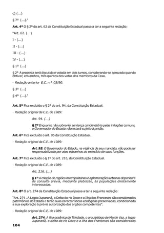 c) (...)

§ 7º (...).”

Art. 4º O § 2º do art. 62 da Constituição Estadual passa a ter a seguinte redação:

“Art. 62. (...)

I - (...)

II - (...)

III - (...)

IV - (...)

§ 1º (...)

§ 2º A proposta será discutida e votada em dois turnos, considerando-se aprovada quando
obtiver, em ambos, três quintos dos votos dos membros da Casa.

· Redação anterior E.C. n.º 03/90.

§ 3º (...)

§ 4º (...).”


Art. 5º Fica excluído o § 2º do art. 94, da Constituição Estadual.

· Redação original da C.E. de 1989:

                  Art. 94. (...)

                  § 2º Enquanto não sobrevier sentença condenatória pelas infrações comuns,
                  o Governador do Estado não estará sujeito à prisão.

Art. 6º Fica excluído o art. 95 da Constituição Estadual.

· Redação original da C.E. de 1989:

                  Art. 95. O Governador do Estado, na vigência de seu mandato, não pode ser
                  responsabilizado por atos estranhos ao exercício de suas funções.

Art. 7º Fica excluído o § 1º do art. 216, da Constituição Estadual.

· Redação original da C.E. de 1989:

                  Art. 216. (...)

                  § 1º A criação de regiões metropolitanas e aglomerações urbanas dependerá
                  de consulta prévia, mediante plebiscito, às populações diretamente
                  interessadas.

Art. 8º O art. 274 da Constituição Estadual passa a ter a seguinte redação:

“Art. 274 . A Lagoa Juparanã, o Delta do rio Doce e a Ilha dos Franceses são considerados
patrimônios do Estado e terão suas características ecológicas preservadas, condicionada
a sua exploração à prévia autorização dos órgãos competentes”.

· Redação original da C.E. de 1989:

                  Art. 274. A ilha oceânica de Trindade, o arquipélago de Martin Vaz, a lagoa
                  Juparanã, o delta do rio Doce e a ilha dos Franceses são considerados
104
 