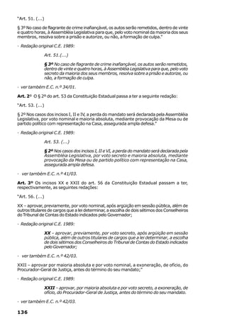 “Art. 51. (...)

§ 3º No caso de flagrante de crime inafiançável, os autos serão remetidos, dentro de vinte
e quatro horas, à Assembléia Legislativa para que, pelo voto nominal da maioria dos seus
membros, resolva sobre a prisão e autorize, ou não, a formação de culpa.”

· Redação original C.E. 1989:

                  Art. 51.(...)

                  § 3º No caso de flagrante de crime inafiançável, os autos serão remetidos,
                  dentro de vinte e quatro horas, à Assembléia Legislativa para que, pelo voto
                  secreto da maioria dos seus membros, resolva sobre a prisão e autorize, ou
                  não, a formação de culpa.

· ver também E.C. n.º 34/01.

Art. 2º O § 2º do art. 53 da Constituição Estadual passa a ter a seguinte redação:

“Art. 53. (...)

§ 2º Nos casos dos incisos I, II e IV, a perda do mandato será declarada pela Assembléia
Legislativa, por voto nominal e maioria absoluta, mediante provocação da Mesa ou de
partido político com representação na Casa, assegurada ampla defesa.”

· Redação original C.E. 1989:

                  Art. 53. (...)

                  § 2º Nos casos dos incisos I, II e VI, a perda do mandato será declarada pela
                  Assembléia Legislativa, por voto secreto e maioria absoluta, mediante
                  provocação da Mesa ou de partido político com representação na Casa,
                  assegurada ampla defesa.

· ver também E.C. n.º 41/03.

Art. 3º Os incisos XX e XXII do art. 56 da Constituição Estadual passam a ter,
respectivamente, as seguintes redações:

“Art. 56. (...)

XX – aprovar, previamente, por voto nominal, após argüição em sessão pública, além de
outros titulares de cargos que a lei determinar, a escolha de dois sétimos dos Conselheiros
do Tribunal de Contas do Estado indicados pelo Governador;

· Redação original C.E. 1989:

                  XX – aprovar, previamente, por voto secreto, após argüição em sessão
                  pública, além de outros titulares de cargos que a lei determinar, a escolha
                  de dois sétimos dos Conselheiros do Tribunal de Contas do Estado indicados
                  pelo Governador;

· ver também E.C. n.º 42/03.

XXII – aprovar por maioria absoluta e por voto nominal, a exoneração, de ofício, do
Procurador-Geral de Justiça, antes do término do seu mandato;”

· Redação original C.E. 1989:

                  XXII – aprovar, por maioria absoluta e por voto secreto, a exoneração, de
                  ofício, do Procurador-Geral de Justiça, antes do término do seu mandato.

· ver também E.C. n.º 42/03.

136
 