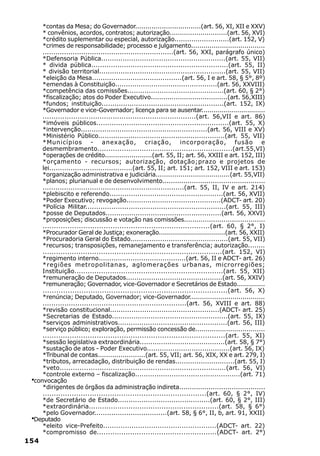 *contas da Mesa; do Governador................................(art. 56, XI, XII e XXV)
    * convênios, acordos, contratos; autorização............................(art. 56, XVI)
    *crédito suplementar ou especial, autorização..........................(art. 152, V)
    *crimes de responsabilidade; processo e julgamento....................................
    .............................................................(art. 56, XXI, parágrafo único)
    *Defensoria Pública..........................................................(art. 55, VII)
    * divida pública...............................................................(art. 55, II)
    * divisão territorial...........................................................(art. 55, VII)
    *eleição da Mesa..........................................(art. 56, I e art. 58, § 5°, 8º)
    *emendas à Constituição................................................(art. 56, XXVIII)
    *competência das comissões.............................................(art. 60, § 2°)
    *fiscalização; atos do Poder Executivo.....................................(art. 56,XIII)
    *fundos; instituição.........................................................(art. 152, IX)
    *Governador e vice-Governador; licença para se ausentar................................
    ......................................................................(art. 56,VII e art. 86)
    *imóveis públicos.............................................................(art. 55, X)
    *intervenção...........................................................(art. 56, VIII e XV)
    *Ministério Público...........................................................(art. 55, VII)
    *Municípios - anexação, criação, incorporação, fusão e
    desmembramento.............................................................(art.55,VI)
    *operações de crédito.......................(art. 55, II; art. 56, XXIII e art. 152, III)
    *orçamento - recursos; autorização, dotação;prazo e projetos de
    lei.......................................(art. 55, II; art. 151; art. 152, VIII e art. 153)
    *organização administrativa e judiciária....................................(art. 55,VII)
    *planos; plurianual e de desenvolvimento.................................................
    ..................................................................(art. 55, II, IV e art. 214)
    *plebiscito e referendo.....................................................(art. 56, XVII)
    *Poder Executivo; revogação.............................................(ADCT- art. 20)
    *Polícia Militar.................................................................(art. 55, III)
    *posse de Deputados......................................................(art. 56, XXVI)
    *proposições; discussão e votação nas comissões.......................................
    ..........................................................................(art. 60, § 2°, I)
    *Procurador Geral de Justiça; exoneração.................................(art. 56, XXII)
    *Procuradoria Geral do Estado..............................................(art. 55, VII)
    *recursos; transposições, remanejamento e transferência; autorização........
    ................................................................................(art. 152, VI)
    *regimento interno.........................................(art. 56, II e ADCT- art. 26)
    *regiões metropolitanas, aglomerações urbanas, microrregiões;
    Instituição...................................................................(art. 55, XII)
    *remuneração de Deputados..............................................(art. 56, XXIV)
    *remuneração; Governador, vice-Governador e Secretários de Estado..............
    .................................................................................(art. 56, X)
    *renúncia; Deputado, Governador; vice-Governador.....................................
    ..................................................................(art. 56, XVIII e art. 88)
    *revisão constitucional...................................................(ADCT- art. 25)
    *Secretarias de Estado......................................................(art. 55, IX)
    *serviços administrativos...................................................(art. 56, III)
    *serviço público; exploração, permissão concessão de..................................
    .................................................................................(art. 55, XI)
    *sessão legislativa extraordinária........................................(art. 58, § 7°)
    *sustação de atos - Poder Executivo.......................................(art. 56, IX)
    *Tribunal de contas.......................(art. 55, VII; art. 56, XIX, XX e art. 279, I)
    *tributos, arrecadação, distribuição de rendas............................(art. 55, I)
    *veto...........................................................................(art. 56, VI)
    *controle externo – fiscalização.................................................(art. 71)
 ·
 convocação
    *dirigentes de órgãos da administração indireta.........................................
    .........................................................................(art. 60, § 2°, IV)
    *de Secretário de Estado...........................................(art. 60, § 2°, III)
    *extraordinária...........................................................(art. 58, § 6°)
    *pelo Governador..................................(art. 58, § 6°, II, b, art. 91, XXII)
 ·
 Deputado
    *eleito vice-Prefeito....................................................(ADCT- art. 22)
    *compromisso de......................................................(ADCT- art. 2°)
154
 