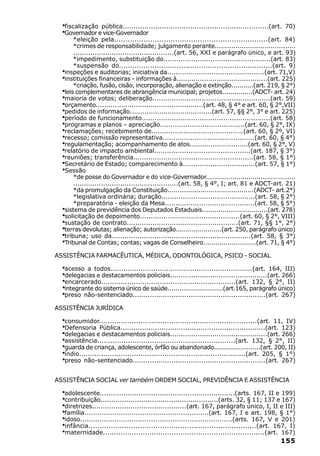 ·fiscalização pública...................................................................(art.   70)
  ·Governador e vice-Governador
      *eleição pela....................................................................(art. 84)
      *crimes de responsabilidade; julgamento perante.......................................
      ...............................................(art. 56, XXI e parágrafo único, e art. 93)
      *impedimento, substituição do..................................................(art. 83)
      *suspensão do.....................................................................(art. 9)
  ·
  inspeções e auditorias; iniciativa da..............................................(art. 71,V)
  ·
  instituições financeiras - informações à...........................................(art. 225)
      *criação, fusão, cisão, incorporação, alienação e extinção...........(art. 219, § 2°)
  ·
  leis complementares de abrangência municipal; projetos...............(ADCT- art. 24)
  ·
  maioria de votos; deliberação.......................................................(art. 59)
  ·
  orçamento...................................................(art. 48, § 4° e art. 60, § 2°,VII)
  ·
  pedidos de informação.......................................(art. 57, §§ 2°, 3° e art. 225)
  ·
  período de funcionamento............................................................(art. 58)
  ·
  programas e planos – apreciação........................................(art. 60, § 2°, IX)
  ·
  reclamações; recebimento de...........................................(art. 60, § 2º, VI)
  ·
  recesso; comissão representativa...........................................(art. 60, § 4°)
  ·
  regulamentação; acompanhamento de atos............................(art. 60, § 2°, V)
  ·
  relatório de impacto ambiental.............................................(art. 187, § 3°)
  ·
  reuniões; transferência........................................................(art. 58, § 1°)
  ·
  Secretário de Estado; comparecimento à..................................(art. 57, § 1°)
  ·
  Sessão
      *de posse do Governador e do vice-Governador............................................
      .................................................(art. 58, § 4°, I; art. 81 e ADCT-art. 21)
      *da promulgação da Constituição..........................................(ADCT- art.2°)
      *legislativa ordinária; duração............................................(art. 58, § 2°)
      *preparatória - eleição da Mesa..........................................(art. 58, § 5°)
  ·
  sistema de previdência dos Deputados Estaduais................................(art. 278)
  ·
  solicitação de depoimento...............................................(art. 60, § 2°, VIII)
  ·
  sustação de contrato....................................................(art. 71, §§ 1°, 2°)
  ·
  terras devolutas; alienação; autorização.......................(art. 250, parágrafo único)
  ·
  tribuna; uso da.................................................................(art. 58, § 3°)
  ·
  Tribunal de Contas; contas; vagas de Conselheiro..........................(art. 71, § 4°)

ASSISTÊNCIA FARMACÊUTICA, MÉDICA, ODONTOLÓGICA, PSICO - SOCIAL

  ·acesso a todos..................................................................(art. 164, III)
  ·delegacias e destacamentos policiais..............................................(art. 266)
  ·encarcerado..............................................................(art. 132, § 2°, II)
  ·integrante do sistema único de saúde............................(art.165, parágrafo único)
  ·preso não-sentenciado..............................................................(art. 267)
ASSISTÊNCIA JURÍDICA

  ·consumidor........................................................................(art. 11, IV)
  ·Defensoria Pública...................................................................(art. 123)
  ·delegacias e destacamentos policiais..............................................(art. 266)
  ·assistência...............................................................(art. 132, § 2°, II)
  ·guarda de criança, adolescente, órfão ou abandonado.......................(art. 200, II)
  ·índio............................................................................(art. 205, § 1°)
  ·preso não-sentenciado..............................................................(art. 267)

ASSISTÊNCIA SOCIAL ver também ORDEM SOCIAL, PREVIDÊNCIA E ASSISTÊNCIA

  ·adolescente...............................................................(arts. 167, II e 199)
  ·contribuição.......................................................(arts. 32, § 11; 137 e 167)
  ·diretrizes............................................(art. 167, parágrafo único, I, II e III)
  ·família..........................................................(art. 167, I e art. 198, § 1°)
  ·idoso.......................................................................(arts. 167, V e 201)
  ·infância...........................................................................(art. 167, I)
  ·maternidade.........................................................................(art. 167)
                                                                                              155
 