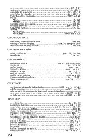 ..................................................................................(art. 219, § 2°)
 ·justiça de paz...................................................................(art. 107, II)
 ·mandado de segurança.......................................................(art. 109,I, b)
 ·mandados de injunção........................................................(art. 109,I, d)
 ·Poder Executivo; revogação................................................(ADCT - art. 20)
 ·Polícia
      *Civil.............................................................................(art. 128)
      *Militar...........................................................................(art. 130)
  ·
  política agrícola e pesqueira.........................................................(art. 253)
  ·
  revisões criminais...........................................................(art. 109, I, f)
  ·
  Segurança Pública...................................................................(art. 127)
  ·
  Tribunal
      *de Contas.........................................................................(art. 71)
      *de Justiça................................................................(arts. 108 e 109)

COMUNICAÇÃO SOCIAL

 ·deficiente; acesso às informações.................................................(art. 269)
 ·educação; moral e religiosa.......................................(art.270, parágrafo único)
 ·regionalização da programação....................................................(art. 270)
CONCESSÃO, PERMISSÃO

 ·serviços públicos.........................................................(arts. 28, V e. 210)
 ·transporte...........................................................................(art. 227)
CONCURSO PÚBLICO

 ·Defensoria Pública................................................(art. 123, parágrafo único)
 ·Magistério.......................................................................(art. 170, IV)
 ·Magistratura.....................................................................(art. 103, I)
 ·Ministério Público.............................................................(art. 120, § 6°)
 ·nulidade de ato.................................................................(art. 32, § 3°)
 ·obrigatoriedade...................................................................(art. 32, II)
 ·Polícia - Civil e Militar........................................................(arts. 44 e 129)
 ·Procuradoria Geral do Estado..................................................(art. 122, §2°)
 ·Tribunal de Contas..........................................................(art. 74, c, § 5°)
CONSTITUIÇÃO

 ·comissão de adequação da legislação..........................ADCT - art. 4°, §§ 1°, 2°)
 ·edição popular................................................................(ADCT - art. 57)
 ·reforma administrativa; quadro de pessoal, compatibilização com ........................
 ...................................................................................(ADCT- art.8°)
 ·revisão da.....................................................................(ADCT- art. 25)
CONSUMIDOR

 ·atendimento......................................................................(art. 11, III)
 ·assistência judiciária............................................................(art. 11, IV)
 ·curadoria......................................................(art. 11, IV e art. 120, § 7°)
 ·defesa - promoção do Estado.......................................................(art. 10)
 ·delegacia especializada..........................................................(art. 11, IV)
 ·impostos; informações sobre...............................................(art. 138, § 4°)
 ·informações; fornecimentos de.................................................(art. 11, II)
 ·juizados especiais de pequenas causas.......................................(art. 11, IV)
 ·órgão colegiado; defesa.........................................................(art. 10, III)
 ·pesos e medidas.................................................................(art. 11, V)
 ·política estadual..................................................................(art. 10, I)
 ·preços; fiscalização..............................................................(art. 11, V)
 ·prejuízos..........................................................................(art. 11, I)
 ·sistema estadual de defesa.....................................................(art. 10, II)
 ·sociedade civil..............................................................(art. 10, II e III)
158
 