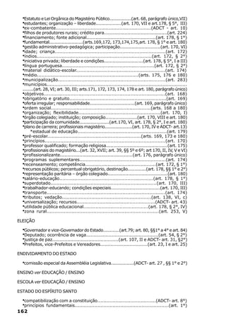 ·Estatuto e Lei Orgânica do Magistério Público................(art. 68, parágrafo único,VII)
  ·estudantes; organização – liberdade..................(art. 170, VII e art.178, § 5°, III)
  ·ex-combatente...............................................................(ADCT - art. 10)
  ·filhos de produtores rurais; crédito para...........................................(art. 224)
  ·financiamento; fonte adicional..............................................(art. 178, § 1°)
  ·fundamental........................(arts.169,172, 173,174,175,art. 178, § 1° e art. 180)
  ·gestão administrativo-pedagógica; participação............................(art. 170, VI)
  ·idade; criança........................................................................(art. 172)
  ·índios..........................................................................(art. 172, § 2°)
  ·iniciativa privada; liberdade e condições...........................(art. 178, § 5°, I a III)
  ·língua portuguesa.............................................................(art. 172, § 2°)
  ·material didático-escolar...........................................................(art. 174)
  ·médio...................................................................(arts. 175, 176 e 180)
  ·municipalização.....................................................................(art. 283)
  ·municípios...........................................................................................
  ........(art. 28, VI; art. 30, III; arts.171, 172, 173, 174, 178 e art. 180, parágrafo único)
  ·objetivos.............................................................................(art. 168)
  ·obrigatório e gratuito................................................................(art. 169)
  ·oferta irregular; responsabilidade................................(art. 169, parágrafo único)
  ·ordem social..................................................................(arts. 168 a 180)
  ·organização; flexibilidade......................................................(art. 170, I)
  ·órgão colegiado; instituição; composição......................(art. 170, VIII e art. 180)
  ·participação da comunidade.....................(art.170, VI, art. 178, § 2°, I e art. 180)
  ·plano de carreira; profissionais magistério....................(art. 170, IV e ADCT- art.13)
        *estadual de educação...........................................................(art. 179)
  ·pré-escolar..............................................................(arts. 169, 173 e 180)
  ·princípios.............................................................................(art. 170)
  ·professor qualificado; formação religiosa..........................................(art. 175)
  ·profissionais do magistério...(art. 32, XVII; art. 39, §§ 5º e 6º; art 170, II, IV, V e VI)
  ·profissionalizante.................................................(art. 176, parágrafo único)
  ·programas suplementares.........................................................(art. 174)
  ·recenseamento; competência...............................................(art. 172, § 1°)
  ·recursos públicos; percentual obrigatório, destinação.............(art. 178, §§ 1° e 2°)
  ·representação paritária – órgão colegiado.........................................(art. 180)
  ·salário-educação..............................................................(art. 178, § 1°)
  ·superdotado.....................................................................(art. 170, III)
  ·trabalhador-educando; condições especiais..................................(art. 170, III)
  ·transporte...........................................................................(art. 174)
  ·tributos; vedação..........................................................(art. 138, VI, c)
  ·universalização; recursos....................................................(ADCT- art. 43)
  ·utilidade pública educacional...........................................(art. 178, § 2°, IV)
  ·zona rural........................................................................(art. 253, V)
ELEIÇÃO

  ·Governador e vice-Governador do Estado............(art.79; art. 80, §§1° a 4° e art. 84)
  ·Deputado; ocorrência de vaga................................................(art. 54, § 2°)
  ·justiça de paz............................................(art. 107, II e ADCT- art. 31, §2°)
  ·Prefeitos, vice-Prefeitos e Vereadores................................(art. 23, I e art. 25)
ENDIVIDAMENTO DO ESTADO

  ·comissão especial da Assembléia Legislativa................(ADCT- art. 27 , §§ 1° e 2°)
ENSINO ver EDUCAÇÃO / ENSINO

ESCOLA ver EDUCAÇÃO / ENSINO

ESTADO DO ESPÍRITO SANTO

  ·compatibilização com a constituição.......................................(ADCT- art. 8°)
  ·princípios fundamentais..............................................................(art. 1°)
162
 