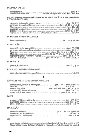 INICIATIVA DAS LEIS

  ·competência..........................................................................(art. 63)
  ·Governador do Estado.......................(art. 63, parágrafo único; art. 64, I e art. 65)
INICIATIVA POPULAR ver também DEMOCRACIA, PARTICIPAÇÃO POPULAR, PLEBISCITO
E SOBERANIA POPULAR

  ·denúncia de irregularidade; contas..........................................(art. 76, § 2°)
  ·emendas à constituição.............................................(art. 62, III e art. 69)
  ·Município.........................................................................(art. 23, VII)
  ·processo legislativo...........................................................(arts. 4° e 69)
  ·projetos de lei.................................................................(arts. 63 e 69)
  ·representação contra o Governador e Vice-Governador..........................(art. 90)
INTERESSES DIFUSOS E COLETIVOS

  ·Ministério Público........................................................(art. 120, § 1°, III)
INTERVENÇÃO

  ·competência da Assembléia...................................................(art. 56, VIII)
  ·emendas à Constituição; proibição..........................................(art. 62, § 1°)
  ·federal........................................................(art. 56, XV e art. 109, II, a)
  ·Município..........................................(art. 30, I a IV; art. 31, I e II, § 1° a 3°)
  ·representação do Ministério Público...................................(art. 120, § 1°, IV)
  ·Tribunal de Justiça................................(art. 30, IV; art. 31, II e art. 109, II, b)
INTERVENTOR

  ·prestação de contas...........................................................(art. 31, § 2°)
INVESTIMENTOS NÃO PROGRAMADOS

  ·comissão permanente específica...................................................(art. 73)
                                                J

JUSTIÇA DE PAZ ver também PODER JUDICIÁRIO

  ·competência, direitos e atribuições.........................(art. 107, II e ADCT- art. 31)
  ·criação.........................................................................(ADCT- art. 31)
  ·eleição dos juízes.....................................(art. 107, II e ADCT- art. 31, § 2°)
  ·manutenção dos atuais juízes...............................................(ADCT- art. 31)
  ·remuneração dos juízes...............................................(ADCT- art. 31, § 1°)
LAZER

  ·espaços públicos; utilização.................................................(art. 185 § 2°)
  ·promoção social...............................................................(art. 185 § 2°)
  ·zona rural........................................................................(art. 253, V)
LEGISLAÇÃO

  ·comissão especial................................................(ADCT- art. 4°, §§1°e 2°)
  ·concorrente e suplementar......................................................(art. 19, IV)
  ·suplementar; Municípios........................................................(art. 28, II)
LEI

  ·organização judiciária.......................(art. 68,parágrafo único, II; arts. 103 e 107)
  ·Sistema Financeiro e do Sistema Tributário Estadual.......(art. 68, parágrafo único, I)

166
 