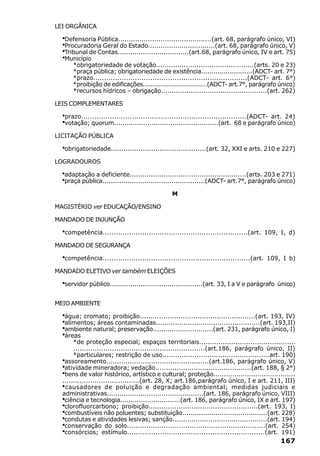 LEI ORGÂNICA

  ·Defensoria Pública............................................(art. 68, parágrafo único, VI)
  ·Procuradoria Geral do Estado................................(art. 68, parágrafo único, V)
  ·Tribunal de Contas..................................(art.68, parágrafo único, IV e art. 75)
  ·Município
      *obrigatoriedade de votação..............................................(arts. 20 e 23)
      *praça pública; obrigatoriedade de existência.........................(ADCT- art. 7°)
      *prazo......................................................................(ADCT- art. 6°)
      *proibição de edificações................................(ADCT- art.7°, parágrafo único)
      *recursos hídricos – obrigação..................................................(art. 262)

LEIS COMPLEMENTARES

  ·prazo...........................................................................(ADCT- art. 24)
  ·votação; quorum..................................................(art. 68 e parágrafo único)
LICITAÇÃO PÚBLICA

  ·obrigatoriedade.............................................(art. 32, XXI e arts. 210 e 227)
LOGRADOUROS

  ·adaptação a deficiente.......................................................(arts. 203 e 271)
  ·praça pública.................................................(ADCT- art.7°, parágrafo único)
                                               M

MAGISTÉRIO ver EDUCAÇÃO/ENSINO

MANDADO DE INJUNÇÃO

  ·competência..................................................................(art.    109, I, d)

MANDADO DE SEGURANÇA

  ·competência...................................................................(art.   109, I b)

MANDADO ELETIVO ver também ELEIÇÕES

  ·servidor público.............................................(art. 33, I a V e parágrafo único)

MEIO AMBIENTE

  ·água; cromato; proibição......................................................(art. 193, IV)
  ·alimentos; áreas contaminadas.................................................(art. 193,II)
  ·ambiente natural; preservação.............................(art. 231, parágrafo único, I)
  ·áreas
       *de proteção especial; espaços territoriais.............................................
       .............................................................(art.186, parágrafo único, II)
       *particulares; restrição de uso..................................................art. 190)
  ·assoreamento................................................(art.186, parágrafo único, V)
  ·atividade mineradora; vedação.............................................(art. 188, § 2°)
  ·bens de valor histórico, artístico e cultural; proteção.......................................
  ....................................(art. 28, X; art.186,parágrafo único, I e art. 211, III)
  ·causadores de poluição e degradação ambiental; medidas judiciais e
  administrativas..............................................(art. 186, parágrafo único, VIII)
  ·ciência e tecnologia.............................(art. 186, parágrafo único, IX e art. 197)
  ·clorofluorcarbono; proibição...................................................(art. 193, I)
  ·combustíveis não poluentes; substituição.........................................(art. 228)
  ·condutas e atividades lesivas; sanção.............................................(art. 194)
  ·conservação do solo................................................................(art. 254)
  ·consórcios; estímulo...............................................................(art. 191)
                                                                                              167
 