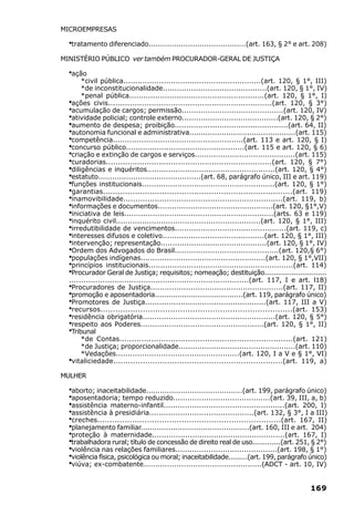 MICROEMPRESAS

  ·tratamento diferenciado..........................................(art. 163, § 2° e art. 208)
MINISTÉRIO PÚBLICO ver também PROCURADOR-GERAL DE JUSTIÇA

  ·ação
       *civil pública..........................................................(art. 120, § 1°, III)
       *de inconstitucionalidade............................................(art. 120, § 1°, IV)
       *penal pública.........................................................(art. 120, § 1°, I)
  ·ações civis....................................................................(art. 120, § 3°)
  ·acumulação de cargos; permissão...........................................(art. 120, IV)
  ·atividade policial; controle externo.........................................(art. 120, § 2°)
  ·aumento de despesa; proibição................................................(art. 64, II)
  ·autonomia funcional e administrativa..............................................(art. 115)
  ·competência.......................................................(art. 113 e art. 120, § I)
  ·concurso público..................................................(art. 115 e art. 120, § 6)
  ·criação e extinção de cargos e serviços...........................................(art. 115)
  ·curadorias.....................................................................(art. 120, § 7°)
  ·diligências e inquéritos......................................................(art. 120, § 4°)
  ·estatuto............................................(art. 68, parágrafo único, III e art. 119)
  ·funções institucionais........................................................(art. 120, § 1°)
  ·garantias.............................................................................(art. 119)
  ·inamovibilidade..................................................................(art. 119, b)
  ·informações e documentos.................................................(art. 120, §1°,V)
  ·iniciativa de leis...............................................................(arts. 63 e 119)
  ·inquérito civil.............................................................(art. 120, § 1°, III)
  ·irredutibilidade de vencimentos...............................................(art. 119, c)
  ·interesses difusos e coletivo...........................................(art. 120, § 1°, III)
  ·intervenção; representação.............................................(art. 120, § 1°, IV)
  ·Ordem dos Advogados do Brasil............................................(art. 120,§ 6°)
  ·populações indígenas.....................................................(art. 120, § 1°,VII)
  ·princípios institucionais.............................................................(art. 114)
  ·Procurador Geral de Justiça; requisitos; nomeação; destituição............................
  ...........................................................................(art. 117, I e art. l18)
  ·Procuradores de Justiça........................................................(art. 117, II)
  ·promoção e aposentadoria.......................................(art. 119, parágrafo único)
  ·Promotores de Justiça...................................................(art. 117, III a V)
  ·recursos.............................................................................(art. 153)
  ·residência obrigatória........................................................(art. 120, § 5°)
  ·respeito aos Poderes....................................................(art. 120, § 1°, II)
  ·Tribunal
       *de Contas.......................................................................(art. 121)
       *de Justiça; proporcionalidade..................................................(art. 110)
       *Vedações....................................................(art. 120, I a V e § 1°, VI)
  ·vitaliciedade.....................................................................(art. 119, a)

MULHER

  ·aborto; inaceitabilidade..........................................(art. 199, parágrafo único)
  ·aposentadoria; tempo reduzido.........................................(art. 39, III, a, b)
  ·assistência materno-infantil...................................................(art. 200, I)
  ·assistência à presidiária............................................(art. 132, § 3°, I a III)
  ·creches..........................................................................(art. 167, II)
  ·planejamento familiar...............................................(art. 160, III e art. 204)
  ·proteção à maternidade........................................................(art. 167, I)
  ·trabalhadora rural; título de concessão de direito real de uso.............(art. 251, § 2°)
  ·violência nas relações familiares...........................................(art. 198, § 1°)
  ·violência física, psicológica ou moral; inaceitabilidade.........(art. 199, parágrafo único)
  ·viúva; ex-combatente..................................................(ADCT - art. 10, IV)

                                                                                              169
 