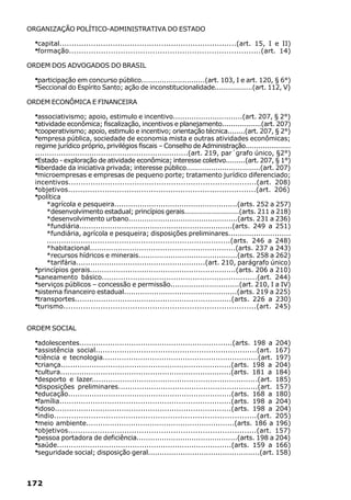 ORGANIZAÇÃO POLÍTICO-ADMINISTRATIVA DO ESTADO

  ·capital.........................................................................(art. 15, I e II)
  ·formação..............................................................................(art. 14)
ORDEM DOS ADVOGADOS DO BRASIL

  ·participação em concurso público............................(art. 103, I e art. 120, § 6°)
  ·Seccional do Espírito Santo; ação de inconstitucionalidade.................(art. 112, V)
ORDEM ECONÔMICA E FINANCEIRA

  ·associativismo; apoio, estimulo e incentivo..............................(art. 207, § 2°)
  ·atividade econômica; fiscalização, incentivos e planejamento..................(art. 207)
  ·cooperativismo; apoio, estimulo e incentivo; orientação técnica........(art. 207, § 2°)
  ·empresa pública, sociedade de economia mista e outras atividades econômicas;
  regime jurídico próprio, privilégios fiscais – Conselho de Administração.....................
  .................................................................(art. 219, par´grafo único, §2°)
  ·Estado - exploração de atividade econômica; interesse coletivo.........(art. 207, § 1°)
  ·liberdade da iniciativa privada; interesse público.................................(art. 207)
  ·microempresas e empresas de pequeno porte; tratamento jurídico diferenciado;
  incentivos.............................................................................(art. 208)
  ·objetivos.............................................................................(art. 206)
  ·política
       *agrícola e pesqueira.....................................................(arts. 252 a 257)
       *desenvolvimento estadual; princípios gerais.........................(arts. 211 a 218)
       *desenvolvimento urbano................................................(arts. 231 a 236)
       *fundiária.................................................................(arts. 249 a 251)
       *fundiária, agrícola e pesqueira; disposições preliminares...........................
       ............................................................................(arts. 246 a 248)
       *habitacional..............................................................(arts. 237 a 243)
       *recursos hídricos e minerais...........................................(arts. 258 a 262)
       *tarifária.......................................................(art. 210, parágrafo único)
  ·princípios gerais..............................................................(arts. 206 a 210)
  ·saneamento básico.................................................................(art. 244)
  ·serviços públicos – concessão e permissão..............................(art. 210, I a IV)
  ·sistema financeiro estadual.................................................(arts. 219 a 225)
  ·transportes..................................................................(arts. 226 a 230)
  ·turismo..............................................................................(art. 245)


ORDEM SOCIAL

  ·adolescentes.................................................................(arts. 198 a 204)
  ·assistência social...................................................................(art. 167)
  ·ciência e tecnologia..................................................................(art. 197)
  ·criança........................................................................(arts. 198 a 204)
  ·cultura........................................................................(arts. 181 a 184)
  ·desporto e lazer......................................................................(art. 185)
  ·disposições preliminares...........................................................(art. 157)
  ·educação.....................................................................(arts. 168 a 180)
  ·família........................................................................(arts. 198 a 204)
  ·idoso..........................................................................(arts. 198 a 204)
  ·índio..................................................................................(art. 205)
  ·meio ambiente...............................................................(arts. 186 a 196)
  ·objetivos.............................................................................(art. 157)
  ·pessoa portadora de deficiência............................................(arts. 198 a 204)
  ·saúde..........................................................................(arts. 159 a 166)
  ·seguridade social; disposição geral................................................(art. 158)

172
 