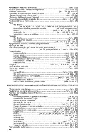 ·créditos de natureza alimentícia...................................................(art. 106)
  ·custas judiciárias; revisão de regimento..................................(ADCT- art. 29)
  ·débitos judiciários.....................................................(art. 106, §§ 1° e 2°)
  ·decisões administrativas e disciplinares.....................................(art. 103, X)
  ·Desembargadores; número de................................................(art. 103, IX)
  ·Estatuto da Magistratura Estadual.................................................(art. 103)
  ·inconstitucionalidade; argüição de........................................(art. 112, I a VII)
  ·independência e harmonia...........................................................(art. 17)
  ·juiz
       *de direito...................................................................................
       ...........(art. 91, X; art. 101, II; art. 103, I a XI e art. 104, parágrafo único, I a III)
       *de entrância especial; conflitos fundiários.................(art. 111 e parágrafo único)
       *de paz......................................................(ADCT - art. 31, §§ 1° e 2°)
       *promoção de...................................................(art. 103, II, a, b, c, d)
       *substituto; concurso público..............................................(art. 103, I)
  ·juizado
       *de direito........................................................................(art. 107)
       *de pequenas causas.......................................................(art. 107, I)
       *especiais.....................................................(art. 101, V e art. 107, I)
  ·julgamentos públicos; normas; obrigatoriedade............................(art. 103, VIII)
  ·justiça de paz...................................................................(art. 107, II)
  ·Lei de Organização; processo, iniciativa, competência.....................................
  ...............................................(art. 68, parágrafo único, II e arts. 103 e 107)
  ·magistrados
       *aposentadoria..............................................................(art. 103, VI)
       *cursos para.................................................................(art. 103, IV)
       *inamovibilidade.............................................................(art. 104, II)
       *irredutibilidade de vencimentos..........................................(art. 104, III)
       *vencimentos; limite de....................................................(art. 103, V)
       *vitaliciedade................................................................(art. 104, I)
  ·órgãos.......................................................(art. 101, I a VI e art. 103, IX)
  ·precatórios judiciais.................................................................(art. 106)
  ·recursos; prazo......................................................................(art. 153)
  ·tribunal
       *competência.............................................................(arts. 108 e 109)
       *do júri........................................................................(art 101, III)
       *Ministério Público; participação...............................................(art. 110)
       *projetos de lei...................................................(ADCT - arts. 29 e 30)
       *segundo grau; acesso.....................................................(art. 103, III)
       *Vara do Meio Ambiente; projeto de lei................................(ADCT - art. 30)

PODER LEGISLATIVO ver também ASSEMBLÉIA LEGISLATIVA e PROCESSO LEGISLATIVO

  ·Assembléia Legislativa..............................................................(art. 48)
  ·autonomia funcional e financeira.............................................(art. 48, § 2°)
  ·contas; apreciação pelos contribuintes............................................(art. 265)
  ·Deputado
     *condenação criminal; perda de mandato.................................(art. 53, VI)
     *investidura em outro cargo.................................................(art. 54, I)
     *convocação de suplentes.................................................(art. 54, § 1°)
     *declaração de bens..............................................................(art. 50)
     *decoro parlamentar..................................................(art. 53, II e § 1°)
     *Forças Armadas; incorporação às......................................(art. 51, § 7°)
     *imunidades..........................................................(art. 51, §§ 2°e 3°)
     *investidura em outro cargo...............................(art. 54, I e ADCT - art. 22)
     *julgamento...............................................(art. 51, § 4° e art. 109, I, a)
     *licença................................(art. 51, §§ 1°, 2°, 6°; art. 53, III e art. 54, II)
     *mandato....................................................................(art. 49, § 1°)
     *número de........................................................................(art. 49)
     *previdência.....................................................................(art. 278)
     *proibições................................................................(art. 52, I e II)
     *remuneração.............................................(art. 49, § 2° e art. 54, § 3°)
     *vaga de; eleição...........................................................(art. 54, § 2°)
  ·convocação autoridades.............................................................(art. 57)
174
 