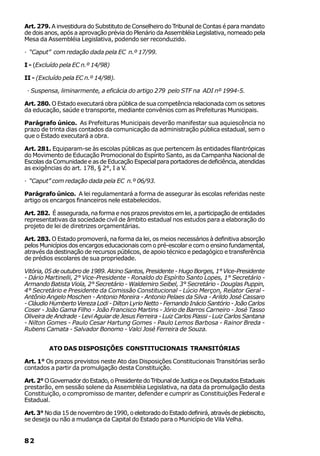 Art. 279. A investidura do Substituto de Conselheiro do Tribunal de Contas é para mandato
de dois anos, após a aprovação prévia do Plenário da Assembléia Legislativa, nomeado pela
Mesa da Assembléia Legislativa, podendo ser reconduzido.

· “Caput” com redação dada pela EC n.º 17/99.

I - (Excluído pela EC n.º 14/98)

II - (Excluído pela EC n.º 14/98).

 · Suspensa, liminarmente, a eficácia do artigo 279 pelo STF na ADI nº 1994-5.

Art. 280. O Estado executará obra pública de sua competência relacionada com os setores
da educação, saúde e transporte, mediante convênios com as Prefeituras Municipais.

Parágrafo único. As Prefeituras Municipais deverão manifestar sua aquiescência no
prazo de trinta dias contados da comunicação da administração pública estadual, sem o
que o Estado executará a obra.

Art. 281. Equiparam-se às escolas públicas as que pertencem às entidades filantrópicas
do Movimento de Educação Promocional do Espírito Santo, as da Campanha Nacional de
Escolas da Comunidade e as de Educação Especial para portadores de deficiência, atendidas
as exigências do art. 178, § 2°, I a V.

· “Caput” com redação dada pela EC n.º 06/93.

Parágrafo único. A lei regulamentará a forma de assegurar às escolas referidas neste
artigo os encargos financeiros nele estabelecidos.

Art. 282. É assegurada, na forma e nos prazos previstos em lei, a participação de entidades
representativas da sociedade civil de âmbito estadual nos estudos para a elaboração do
projeto de lei de diretrizes orçamentárias.

Art. 283. O Estado promoverá, na forma da lei, os meios necessários à definitiva absorção
pelos Municípios dos encargos educacionais com o pré-escolar e com o ensino fundamental,
através da destinação de recursos públicos, de apoio técnico e pedagógico e transferência
de prédios escolares de sua propriedade.

Vitória, 05 de outubro de 1989. Alcino Santos, Presidente - Hugo Borges, 1° Vice-Presidente
- Dário Martinelli, 2° Vice-Presidente - Ronaldo do Espírito Santo Lopes, 1° Secretário -
Armando Batista Viola, 2° Secretário - Waldemiro Seibel, 3° Secretário - Douglas Puppin,
4° Secretário e Presidente da Comissão Constitucional - Lúcio Merçon, Relator Geral -
Antônio Angelo Moschen - Antonio Moreira - Antonio Pelaes da Silva - Arildo José Cassaro
- Cláudio Humberto Vereza Lodi - Dilton Lyrio Netto - Fernando Inácio Santório - João Carlos
Coser - João Gama Filho - João Francisco Martins - Jório de Barros Carneiro - José Tasso
Oliveira de Andrade - Levi Aguiar de Jesus Ferreira - Luiz Carlos Piassi - Luiz Carlos Santana
- Nilton Gomes - Paulo Cesar Hartung Gomes - Paulo Lemos Barbosa - Rainor Breda -
Rubens Camata - Salvador Bonomo - Valci José Ferreira de Souza.


         ATO DAS DISPOSIÇÕES CONSTITUCIONAIS TRANSITÓRIAS

Art. 1° Os prazos previstos neste Ato das Disposições Constitucionais Transitórias serão
contados a partir da promulgação desta Constituição.

Art. 2° O Governador do Estado, o Presidente do Tribunal de Justiça e os Deputados Estaduais
prestarão, em sessão solene da Assembléia Legislativa, na data da promulgação desta
Constituição, o compromisso de manter, defender e cumprir as Constituições Federal e
Estadual.

Art. 3° No dia 15 de novembro de 1990, o eleitorado do Estado definirá, através de plebiscito,
se deseja ou não a mudança da Capital do Estado para o Município de Vila Velha.


82
 