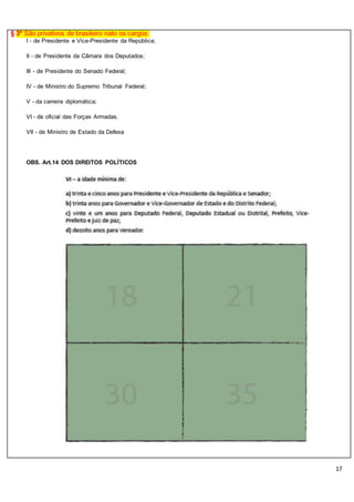 17
§ 3º São privativos de brasileiro nato os cargos:
I - de Presidente e Vice-Presidente da República;
II - de Presidente da Câmara dos Deputados;
III - de Presidente do Senado Federal;
IV - de Ministro do Supremo Tribunal Federal;
V - da carreira diplomática;
VI - de oficial das Forças Armadas.
VII - de Ministro de Estado da Defesa
OBS. Art.14 DOS DIREITOS POLÍTICOS
 
