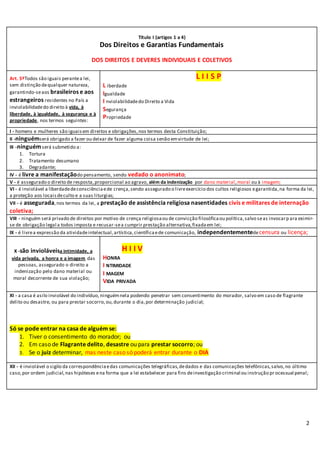 2
Título I (artigos 1 a 4)
Dos Direitos e Garantias Fundamentais
DOS DIREITOS E DEVERES INDIVIDUAIS E COLETIVOS
Art. 5ºTodos são iguais perantea lei,
sem distinção dequalquer natureza,
garantindo-seaos brasileiros e aos
estrangeiros residentes no País a
inviolabilidadedo direito à vida, à
liberdade, à igualdade, à segurança e à
propriedade, nos termos seguintes:
L I I S P
L iberdade
Igualdade
I nviolabilidadedo Direito a Vida
Segurança
Propriedade
I - homens e mulheres são iguaisem direitos e obrigações,nos termos desta Constituição;
II -ninguémserá obrigado a fazer ou deixar de fazer alguma coisa senão emvirtude de lei;
III -ninguémserá submetido a:
1. Tortura
2. Tratamento desumano
3. Degradante;
IV - é livre a manifestaçãodo pensamento, sendo vedado o anonimato;
V - é assegurado o direito de resposta,proporcional ao agravo, além da indenização por dano material,moral ou à imagem;
VI - é inviolável a liberdadedeconsciênciaede crença,sendo assegurado o livreexercício dos cultos religiosos egarantida,na forma da lei,
a proteção aos locaisdeculto e a suas liturgias;
VII - é assegurada,nos termos da lei, a prestação de assistência religiosa nasentidades civis e militares de internação
coletiva;
VIII - ninguém será privado de direitos por motivo de crença religiosaou de convicção filosóficaou política,salvo seas invocarp ara eximir-
se de obrigação legal a todos imposta e recusar-sea cumprir prestação alternativa,fixadaem lei;
IX - é livrea expressão da atividadeintelectual,artística,científicaede comunicação, independentementedecensura ou licença;
X -são invioláveisa intimidade, a
vida privada, a honra e a imagem das
pessoas, assegurado o direito a
indenização pelo dano material ou
moral decorrente de sua violação;
H I I V
HONRA
I NTIMIDADE
I MAGEM
VIDA PRIVADA
XI - a casa é asilo inviolável do indivíduo, ninguémnela podendo penetrar sem consentimento do morador, salvo em caso de flagrante
delito ou desastre, ou para prestar socorro,ou,durante o dia,por determinação judicial;
Só se pode entrar na casa de alguém se:
1. Tiver o consentimento do morador; ou
2. Em caso de Flagrante delito, desastre ou para prestar socorro; ou
3. Se o juiz determinar, mas neste caso só poderá entrar durante o DIA
XII - é inviolável o sigilo da correspondênciaedas comunicações telegráficas,dedados e das comunicações telefônicas,salvo,no último
caso,por ordem judicial,nas hipóteses ena forma que a lei estabelecer para fins deinvestigação criminal ou instrução pr ocessual penal;
 