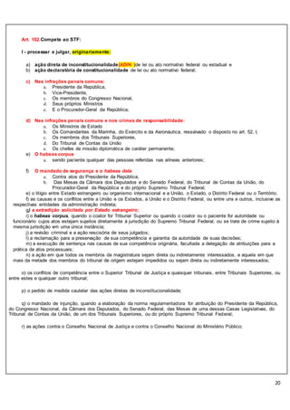 20
Art. 102.Compete ao STF:
I - processar e julgar, originariamente:
a) ação direta de inconstitucionalidade(ADIN )de lei ou ato normativo federal ou estadual e
b) ação declaratória de constitucionalidade de lei ou ato normativo federal;
c) Nas infrações penais comuns:
a. Presidente da República,
b. Vice-Presidente,
c. Os membros do Congresso Nacional,
d. Seus próprios Ministros
e. E o Procurador-Geral da República;
d) Nas infrações penais comuns e nos crimes de responsabilidade:
a. Os Ministros de Estado
b. Os Comandantes da Marinha, do Exército e da Aeronáutica, ressalvado o disposto no art. 52, I,
c. Os membros dos Tribunais Superiores,
d. Do Tribunal de Contas da União
e. Os chefes de missão diplomática de caráter permanente;
e) O habeas corpus
a. sendo paciente qualquer das pessoas referidas nas alíneas anteriores;
f) O mandado de segurança e o habeas data
a. Contra atos do Presidente da República,
b. Das Mesas da Câmara dos Deputados e do Senado Federal, do Tribunal de Contas da União, do
Procurador-Geral da República e do próprio Supremo Tribunal Federal;
e) o litígio entre Estado estrangeiro ou organismo internacional e a União, o Estado, o Distrito Federal ou o Território;
f) as causas e os conflitos entre a União e os Estados, a União e o Distrito Federal, ou entre uns e outros, inclusive as
respectivas entidades da administração indireta;
g) a extradição solicitada por Estado estrangeiro;
i) o habeas corpus, quando o coator for Tribunal Superior ou quando o coator ou o paciente for autoridade ou
funcionário cujos atos estejam sujeitos diretamente à jurisdição do Supremo Tribunal Federal, ou se trate de crime sujeito à
mesma jurisdição em uma única instância;
j) a revisão criminal e a ação rescisória de seus julgados;
l) a reclamação para a preservação de sua competência e garantia da autoridade de suas decisões;
m) a execução de sentença nas causas de sua competência originária, facultada a delegação de atribuições para a
prática de atos processuais;
n) a ação em que todos os membros da magistratura sejam direta ou indiretamente interessados, e aquela em que
mais da metade dos membros do tribunal de origem estejam impedidos ou sejam direta ou indiretamente interessados;
o) os conflitos de competência entre o Superior Tribunal de Justiça e quaisquer tribunais, entre Tribunais Superiores, ou
entre estes e qualquer outro tribunal;
p) o pedido de medida cautelar das ações diretas de inconstitucionalidade;
q) o mandado de injunção, quando a elaboração da norma regulamentadora for atribuição do Presidente da República,
do Congresso Nacional, da Câmara dos Deputados, do Senado Federal, das Mesas de uma dessas Casas Legislativas, do
Tribunal de Contas da União, de um dos Tribunais Superiores, ou do próprio Supremo Tribunal Federal;
r) as ações contra o Conselho Nacional de Justiça e contra o Conselho Nacional do Ministério Público;
 
