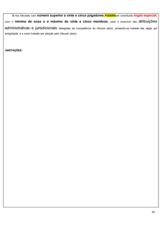 24
XI nos tribunais com número superior a vinte e cinco julgadores,PODERÁser constituído órgão especial,
com o mínimo de onze e o máximo de vinte e cinco membros, para o exercício das atribuições
administrativas e jurisdicionais delegadas da competência do tribunal pleno, provendo-se metade das vagas por
antigüidade e a outra metade por eleição pelo tribunal pleno;
ANOTAÇÕES:
 