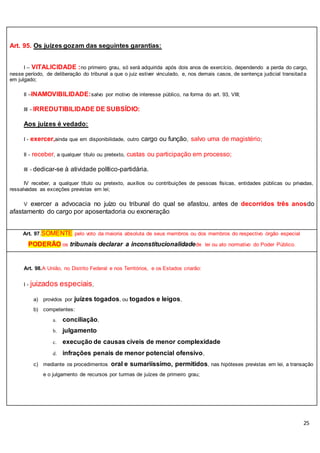 25
Art. 95. Os juízes gozam das seguintes garantias:
I – VITALICIDADE :no primeiro grau, só será adquirida após dois anos de exercício, dependendo a perda do cargo,
nesse período, de deliberação do tribunal a que o juiz estiver vinculado, e, nos demais casos, de sentença judicial transitada
em julgado;
II –INAMOVIBILIDADE:salvo por motivo de interesse público, na forma do art. 93, VIII;
III - IRREDUTIBILIDADE DE SUBSÍDIO:
Aos juízes é vedado:
I - exercer,ainda que em disponibilidade, outro cargo ou função, salvo uma de magistério;
II - receber, a qualquer título ou pretexto, custas ou participação em processo;
III - dedicar-se à atividade político-partidária.
IV receber, a qualquer título ou pretexto, auxílios ou contribuições de pessoas físicas, entidades públicas ou privadas,
ressalvadas as exceções previstas em lei;
V exercer a advocacia no juízo ou tribunal do qual se afastou, antes de decorridos três anosdo
afastamento do cargo por aposentadoria ou exoneração
Art. 97.SOMENTE pelo voto da maioria absoluta de seus membros ou dos membros do respectivo órgão especial
PODERÃO os tribunais declarar a inconstitucionalidadede lei ou ato normativo do Poder Público.
Art. 98.A União, no Distrito Federal e nos Territórios, e os Estados criarão:
I - juizados especiais,
a) providos por juízes togados, ou togados e leigos,
b) competentes:
a. conciliação,
b. julgamento
c. execução de causas cíveis de menor complexidade
d. infrações penais de menor potencial ofensivo,
c) mediante os procedimentos oral e sumariíssimo, permitidos, nas hipóteses previstas em lei, a transação
e o julgamento de recursos por turmas de juízes de primeiro grau;
 
