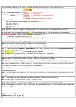 5
nos termos da lei,estendidas aos sucessores econtra eles executadas,até o limitedo valor do patrimônio transferido;
XLVI - a lei regulará a individualização
da pena e adotará, entre outras, as
seguintes:
P P P M S
PAPA => plenitude de defesa;
PERDOA => Perda de Bens
PECADOS => Prestação de serviço social alternativo
MAIOIRIA => Multa
SOCIEDADE => Suspensão ou Interdição de Direitos
XLVII - não haverá penas:
a) de morte, salvo em caso de guerra declarada,nos termos do art. 84, XIX;
b) de caráter perpétuo;
c) de trabalhos forçados;
d) de banimento;
e) cruéis;
XLVIII - a pena será cumprida em estabelecimentos distintos,deacordo com a natureza do delito,a idadee o sexo do apenado;
XLIX - é assegurado aos presos o respeito à integridadefísica emoral;
L - às presidiáriasserão asseguradascondiçõespara quepossam permanecer com seus filhos duranteo período de amamentação;
LI -Nenhum brasileiroserá extraditado,salvo o naturalizado,em caso:
1. Crime comum, praticado antes da naturalização,
2. Comprovado envolvimento em tráfico ilícito deentorpecentes e drogas afins, na forma da lei;
LII - não será concedida extradição deestrangeiro por crime político ou de opinião;
LIII - ninguém será processado nem sentenciado senão pela autoridadecompetente;
V - ninguém será privado da liberdadeou de seus bens sem o devido processo legal;
LV - aos litigantes,em processo judicial ou administrativo,eaos acusados emgeral são assegurados o contraditório e ampla defesa,
com os meios e recursos a ela inerentes;
LVI -são inadmissíveis, no processo,as provas obtidas por meios ilícitos;
LVII - ninguém será considerado culpado atéo trânsito em julgado de sentença penal condenatória;
LVIII - o civilmente identificado não será submetido a identificação criminal,salvo nas hipóteses previstas emlei;
LIX - será admitida ação privada nos crimes deação pública,seesta não for intentada no prazo legal;
LX - a lei só poderá restringir a publicidadedos atos processuaisquando a defesa da intimidadeou o interessesocial o exigirem;
LXI - ninguém será preso senão em flagrantedelito ou por ordem escrita e fundamentada de autoridadejudiciáriacompetente, salvo nos
casos detransgressão militar ou crimepropriamente militar,definidosem lei;
LXII - a prisão dequalquer pessoa e o local ondeseencontre serão comunicados imediatamenteao juizcompetente e à família do pres o ou
à pessoa por ele indicada;
LXIII - o preso será informado de seus direitos,entre os quais o de permanecer calado,sendo-lheasseguradaa assistênciada família ede
advogado;
LXIV - o preso tem direito à identificação dos responsáveispor sua prisão ou por seu interrogatório policial;
LXV - a prisão ilegal será imediatamenterelaxada pela autoridadejudiciária;
LXVI - ninguém será levado à prisão ou nela mantido,quando a lei admitir a liberdadeprovisória,comou sem fiança;
LXVII - não haverá prisão civil por dívida,salvo a do responsável pelo inadimplemento voluntário e inescusável deobrigação alimentí cia ea
do depositário infiel;
LXVIII - conceder-se-á habeas
corpus sempre que alguém sofrer ou se
achar ameaçado de sofrer violência ou
 