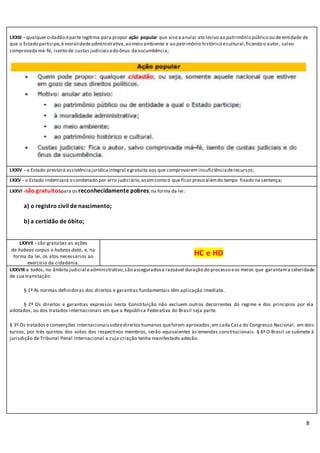 8
LXXIII - qualquer cidadão éparte legítima para propor ação popular que visea anular ato lesivo ao patrimônio público ou de entidade de
que o Estado participe,à moralidadeadministrativa,ao meio ambiente e ao patrimônio histórico ecultural,ficando o autor, salvo
comprovada má-fé, isento de custas judiciaisedo ônus da sucumbência;
LXXIV - o Estado prestará assistênciajurídicaintegral egratuita aos que comprovarem insuficiênciaderecursos;
LXXV - o Estado indenizará o condenado por erro judiciário,assimcomo o que ficar preso alémdo tempo fixado na sentença;
LXXVI -são gratuitospara os reconhecidamente pobres,na forma da lei:
a) o registro civil de nascimento;
b) a certidão de óbito;
LXXVII - são gratuitas as ações
de habeas corpus e habeas data, e, na
forma da lei, os atos necessários ao
exercício da cidadania.
HC e HD
LXXVIII-a todos, no âmbito judicial eadministrativo,são asseguradosa razoável duração do processo eos meios que garantama celeridade
de sua tramitação.
§ 1º As normas definidoras dos direitos e garantias fundamentais têm aplicação imediata.
§ 2º Os direitos e garantias expressos nesta Constituição não excluem outros decorrentes do regime e dos princípios por ela
adotados, ou dos tratados internacionais em que a República Federativa do Brasil seja parte.
§ 3º Os tratados e convenções internacionaissobredireitos humanos queforem aprovados,em cada Casa do Congresso Nacional, em dois
turnos, por três quintos dos votos dos respectivos membros, serão equivalentes às emendas constitucionais. § 4º O Brasil se submete à
jurisdição de Tribunal Penal Internacional a cuja criação tenha manifestado adesão.
 