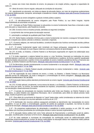 V - acesso aos níveis mais elevados do ensino, da pesquisa e da criação artística, segundo a capacidade de
cada um;
VI - oferta de ensino noturno regular, adequado às condições do educando;
VII - atendimento ao educando, em todas as etapas da educação básica, por meio de programas suplementares
de material didáticoescolar, transporte, alimentação e assistência à saúde. (Redação dada pela Emenda Constitucional
nº 59, de 2009)
§ 1º - O acesso ao ensino obrigatório e gratuito é direito público subjetivo.
§ 2º - O não-oferecimento do ensino obrigatório pelo Poder Público, ou sua oferta irregular, importa
responsabilidade da autoridade competente.
§ 3º - Compete ao Poder Público recensear os educandos no ensino fundamental, fazer-lhes a chamada e zelar,
junto aos pais ou responsáveis, pela freqüência à escola.
Art. 209. O ensino é livre à iniciativa privada, atendidas as seguintes condições:
I - cumprimento das normas gerais da educação nacional;
II - autorização e avaliação de qualidade pelo Poder Público.
Art. 210. Serão fixados conteúdos mínimos para o ensino fundamental, de maneira a assegurar formação básica
comum e respeito aos valores culturais e artísticos, nacionais e regionais.
§ 1º - O ensino religioso, de matrícula facultativa, constituirá disciplina dos horários normais das escolas públicas
de ensino fundamental.
§ 2º - O ensino fundamental regular será ministrado em língua portuguesa, assegurada às comunidades
indígenas também a utilização de suas línguas maternas e processos próprios de aprendizagem.
Art. 211. A União, os Estados, o Distrito Federal e os Municípios organizarão em regime de colaboração seus
sistemas de ensino.
§ 1º A União organizará o sistema federal de ensino e o dos Territórios, financiará as instituições de ensino
públicas federais e exercerá, em matéria educacional, função redistributiva e supletiva, de forma a garantir equalização
de oportunidades educacionais e padrão mínimo de qualidade do ensino mediante assistência técnica e financeira aos
Estados, ao Distrito Federal e aos Municípios; (Redação dada pela Emenda Constitucional nº 14, de 1996)
§ 2º Os Municípios atuarão prioritariamente no ensino fundamental e na educação infantil. (Redação dada pela
Emenda Constitucional nº 14, de 1996)
§ 3º Os Estados e o Distrito Federal atuarão prioritariamente no ensino fundamental e médio. (Incluído pela
Emenda Constitucional nº 14, de 1996)
§ 4º Na organização de seus sistemas de ensino, a União, os Estados, o Distrito Federal e os Municípios
definirão formas de colaboração, de modo a assegurar a universalização do ensino obrigatório. (Redação dada pela
Emenda Constitucional nº 59, de 2009)
§ 5º A educação básica pública atenderá prioritariamente ao ensino regular. (Incluído pela Emenda Constitucional
nº 53, de 2006)
Art. 212. A União aplicará, anualmente, nunca menos de dezoito, e os Estados, o Distrito Federal e os Municípios
vinte e cinco por cento, no mínimo, da receita resultante de impostos, compreendida a proveniente de transferências,
na manutenção e desenvolvimento do ensino.
§ 1º - A parcela da arrecadação de impostos transferida pela União aos Estados, ao Distrito Federal e aos
Municípios, ou pelos Estados aos respectivos Municípios, não é considerada, para efeito do cálculo previsto neste
artigo, receita do governo que a transferir.
§ 2º - Para efeito do cumprimento do disposto no "caput" deste artigo, serão considerados os sistemas de ensino
federal, estadual e municipal e os recursos aplicados na forma do art. 213.
§ 3º A distribuição dos recursos públicos assegurará prioridade ao atendimento das necessidades do ensino
obrigatório, no que se refere a universalização, garantia de padrão de qualidade e equidade, nos termos do plano
nacional de educação. (Redação dada pela Emenda Constitucional nº 59, de 2009)
§ 4º - Os programas suplementares de alimentação e assistência à saúde previstos no art. 208, VII, serão
financiados com recursos provenientes de contribuições sociais e outros recursos orçamentários.
§ 5º A educação básica pública terá como fonte adicional de financiamento a contribuição social do salário-
educação, recolhida pelas empresas na forma da lei. (Redação dada pela Emenda Constitucional nº 53, de 2006)
§ 6º As cotas estaduais e municipais da arrecadação da contribuição social do salário-educação serão
distribuídas proporcionalmente ao número de alunos matriculados na educação básica nas respectivas redes públicas
de ensino. (Incluído pela Emenda Constitucional nº 53, de 2006)
 