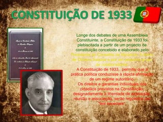 Constituição de 1822Lei fundamental votada pelas Cortes Constituintes reunidas, em Lisboa em 1821, como consequência da chamada revolução liberal de 1820. O texto é de 23 de Setembro de 1822, e foi jurado pelo rei, D. João VI, em 1 de Outubro seguinte. A Constituição de 1822 é o mais antigo texto constitucional português e, tecnicamente, um dos mais bem elaborados. Se bem que não tenha dado origem propriamente, a uma prática constitucional exerceu uma influência profunda nas instituições e no direito político, iniciando em Portugal "a organização jurídica da democracia" (Joaquim de Carvalho)).