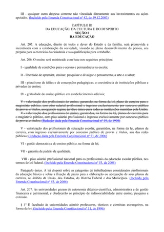 III - qualquer outra despesa corrente não vinculada diretamente aos investimentos ou ações
apoiados. (Incluído pela Emenda Constitucional nº 42, de 19.12.2003)
CAPÍTULO III
DA EDUCAÇÃO, DA CULTURA E DO DESPORTO
SEÇÃO I
DA EDUCAÇÃO
Art. 205. A educação, direito de todos e dever do Estado e da família, será promovida e
incentivada com a colaboração da sociedade, visando ao pleno desenvolvimento da pessoa, seu
preparo para o exercício da cidadania e sua qualificação para o trabalho.
Art. 206. O ensino será ministrado com base nos seguintes princípios:
I - igualdade de condições para o acesso e permanência na escola;
II - liberdade de aprender, ensinar, pesquisar e divulgar o pensamento, a arte e o saber;
III - pluralismo de idéias e de concepções pedagógicas, e coexistência de instituições públicas e
privadas de ensino;
IV - gratuidade do ensino público em estabelecimentos oficiais;
V - valorização dos profissionais do ensino, garantido, na forma da lei, plano de carreira para o
magistério público, com piso salarial profissional e ingresso exclusivamente por concurso público
de provas e títulos, assegurado regime jurídico único para todas as instituições mantidas pela União;
V - valorização dos profissionais do ensino, garantidos, na forma da lei, planos de carreira para
o magistério público, com piso salarial profissional e ingresso exclusivamente por concurso público
de provas e títulos; (Redação dada pela Emenda Constitucional nº 19, de 1998)
V - valorização dos profissionais da educação escolar, garantidos, na forma da lei, planos de
carreira, com ingresso exclusivamente por concurso público de provas e títulos, aos das redes
públicas; (Redação dada pela Emenda Constitucional nº 53, de 2006)
VI - gestão democrática do ensino público, na forma da lei;
VII - garantia de padrão de qualidade.
VIII - piso salarial profissional nacional para os profissionais da educação escolar pública, nos
termos de lei federal. (Incluído pela Emenda Constitucional nº 53, de 2006)
Parágrafo único. A lei disporá sobre as categorias de trabalhadores considerados profissionais
da educação básica e sobre a fixação de prazo para a elaboração ou adequação de seus planos de
carreira, no âmbito da União, dos Estados, do Distrito Federal e dos Municípios. (Incluído pela
Emenda Constitucional nº 53, de 2006)
Art. 207. As universidades gozam de autonomia didático-científica, administrativa e de gestão
financeira e patrimonial, e obedecerão ao princípio de indissociabilidade entre ensino, pesquisa e
extensão.
§ 1º É facultado às universidades admitir professores, técnicos e cientistas estrangeiros, na
forma da lei. (Incluído pela Emenda Constitucional nº 11, de 1996)
 