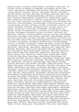 Irapuan Costa Júnior - Irma Passoni - Ismael Wanderley - Israel Pinheiro - Itamar Franco - Ivo
Cersósimo - Ivo Lech - Ivo Mainardi - Ivo Vanderlinde - Jacy Scanagatta - Jairo Azi - Jairo
Carneiro - Jalles Fontoura - Jamil Haddad - Jarbas Passarinho - Jayme Paliarin - Jayme Santana
- Jesualdo Cavalcanti - Jesus Tajra - Joaci Góes - João Agripino - João Alves - João Calmon -
João Carlos Bacelar - João Castelo - João Cunha - João da Mata - João de Deus Antunes - João
Herrmann Neto - João Lobo - João Machado Rollemberg - João Menezes - João Natal - João
Paulo - João Rezek - Joaquim Bevilácqua - Joaquim Francisco - Joaquim Hayckel - Joaquim
Sucena - Jofran Frejat - Jonas Pinheiro - Jonival Lucas - Jorge Bornhausen - Jorge Hage - Jorge
Leite - Jorge Uequed - Jorge Vianna - José Agripino - José Camargo - José Carlos Coutinho - José
Carlos Grecco - José Carlos Martinez - José Carlos Sabóia - José Carlos Vasconcelos - José Costa
- José da Conceição - José Dutra - José Egreja - José Elias - José Fernandes - José Freire - José
Genoíno - José Geraldo - José Guedes - José Ignácio Ferreira - José Jorge - José Lins - José
Lourenço - José Luiz de Sá - José Luiz Maia - José Maranhão - José Maria Eymael - José
Maurício - José Melo - José Mendonça Bezerra - José Moura - José Paulo Bisol - José Queiroz -
José Richa - José Santana de Vasconcellos - José Serra - José Tavares - José Teixeira - José
Thomaz Nonô - José Tinoco - José Ulísses de Oliveira - José Viana - José Yunes - Jovanni Masini -
Juarez Antunes - Júlio Campos - Júlio Costamilan - Jutahy Júnior - Jutahy Magalhães - Koyu Iha -
Lael Varella - Lavoisier Maia - Leite Chaves - Lélio Souza - Leopoldo Peres - Leur Lomanto - Levy
Dias - Lézio Sathler - Lídice da Mata - Louremberg Nunes Rocha - Lourival Baptista - Lúcia Braga
- Lúcia Vânia - Lúcio Alcântara - Luís Eduardo - Luís Roberto Ponte - Luiz Alberto Rodrigues -
Luiz Freire - Luiz Gushiken - Luiz Henrique - Luiz Inácio Lula da Silva - Luiz Leal - Luiz Marques
- Luiz Salomão - Luiz Viana - Luiz Viana Neto - Lysâneas Maciel - Maguito Vilela - Maluly Neto -
Manoel Castro - Manoel Moreira - Manoel Ribeiro - Mansueto de Lavor - Manuel Viana - Márcia
Kubitschek - Márcio Braga - Márcio Lacerda - Marco Maciel - Marcondes Gadelha - Marcos
Lima - Marcos Queiroz - Maria de Lourdes Abadia - Maria Lúcia - Mário Assad - Mário Covas -
Mário de Oliveira - Mário Lima - Marluce Pinto - Matheus Iensen - Mattos Leão - Maurício
Campos - Maurício Correa - Maurício Fruet - Maurício Nasser - Maurício Pádua - Maurílio
Ferreira Lima - Mauro Borges - Mauro Campos - Mauro Miranda - Mauro Sampaio - Max
Rosenmann - Meira Filho - Melo Freire - Mello Reis - Mendes Botelho - Mendes Canale - Mendes
Ribeiro - Messias Góis - Messias Soares - Michel Temer - Milton Barbosa - Milton Lima - Milton
Reis - Miraldo Gomes - Miro Teixeira - Moema São Thiago - Moysés Pimentel - Mozarildo
Cavalcanti - Mussa Demes - Myrian Portella - Nabor Júnior - Naphtali Alves de Souza - Narciso
Mendes - Nelson Aguiar - Nelson Carneiro - Nelson Jobim - Nelson Sabrá - Nelson Seixas - Nelson
Wedekin - Nelton Friedrich - Nestor Duarte - Ney Maranhão - Nilso Sguarezi - Nilson Gibson -
Nion Albernaz - Noel de Carvalho - Nyder Barbosa - Octávio Elísio - Odacir Soares - Olavo Pires
- Olívio Dutra - Onofre Corrêa - Orlando Bezerra - Orlando Pacheco - Oscar Corrêa - Osmar
Leitão - Osmir Lima - Osmundo Rebouças - Osvaldo Bender - Osvaldo Coelho - Osvaldo Macedo -
Osvaldo Sobrinho - Oswaldo Almeida - Oswaldo Trevisan - Ottomar Pinto - Paes de Andrade -
Paes Landim - Paulo Delgado - Paulo Macarini - Paulo Marques - Paulo Mincarone - Paulo Paim
- Paulo Pimentel - Paulo Ramos - Paulo Roberto - Paulo Roberto Cunha - Paulo Silva - Paulo
Zarzur - Pedro Canedo - Pedro Ceolin - Percival Muniz - Pimenta da Veiga - Plínio Arruda
Sampaio - Plínio Martins - Pompeu de Sousa - Rachid Saldanha Derzi - Raimundo Bezerra -
Raimundo Lira - Raimundo Rezende - Raquel Cândido - Raquel Capiberibe - Raul Belém - Raul
Ferraz - Renan Calheiros - Renato Bernardi - Renato Johnsson - Renato Vianna - Ricardo Fiuza -
Ricardo Izar - Rita Camata - Rita Furtado - Roberto Augusto - Roberto Balestra - Roberto Brant -
Roberto Campos - Roberto D’Ávila - Roberto Freire - Roberto Jefferson - Roberto Rollemberg -
Roberto Torres - Roberto Vital - Robson Marinho - Rodrigues Palma - Ronaldo Aragão - Ronaldo
Carvalho - Ronaldo Cezar Coelho - Ronan Tito - Ronaro Corrêa - Rosa Prata - Rose de Freitas -
Rospide Netto - Rubem Branquinho - Rubem Medina - Ruben Figueiró - Ruberval Pilotto - Ruy
Bacelar - Ruy Nedel - Sadie Hauache - Salatiel Carvalho - Samir Achôa - Sandra Cavalcanti -
Santinho Furtado - Sarney Filho - Saulo Queiroz - Sérgio Brito - Sérgio Spada - Sérgio Werneck -
Severo Gomes - Sigmaringa Seixas - Sílvio Abreu - Simão Sessim - Siqueira Campos - Sólon
Borges dos Reis - Stélio Dias - Tadeu França - Telmo Kirst - Teotonio Vilela Filho - Theodoro
Mendes - Tito Costa - Ubiratan Aguiar - Ubiratan Spinelli - Uldurico Pinto - Valmir Campelo -
 