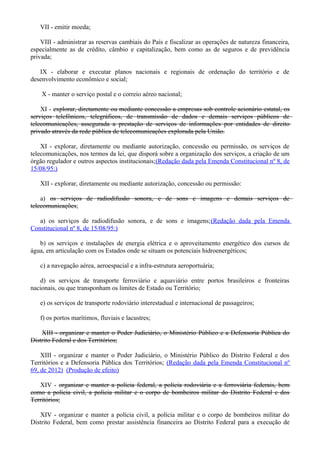 VII - emitir moeda;
VIII - administrar as reservas cambiais do País e fiscalizar as operações de natureza financeira,
especialmente as de crédito, câmbio e capitalização, bem como as de seguros e de previdência
privada;
IX - elaborar e executar planos nacionais e regionais de ordenação do território e de
desenvolvimento econômico e social;
X - manter o serviço postal e o correio aéreo nacional;
XI - explorar, diretamente ou mediante concessão a empresas sob controle acionário estatal, os
serviços telefônicos, telegráficos, de transmissão de dados e demais serviços públicos de
telecomunicações, assegurada a prestação de serviços de informações por entidades de direito
privado através da rede pública de telecomunicações explorada pela União.
XI - explorar, diretamente ou mediante autorização, concessão ou permissão, os serviços de
telecomunicações, nos termos da lei, que disporá sobre a organização dos serviços, a criação de um
órgão regulador e outros aspectos institucionais;(Redação dada pela Emenda Constitucional nº 8, de
15/08/95:)
XII - explorar, diretamente ou mediante autorização, concessão ou permissão:
a) os serviços de radiodifusão sonora, e de sons e imagens e demais serviços de
telecomunicações;
a) os serviços de radiodifusão sonora, e de sons e imagens;(Redação dada pela Emenda
Constitucional nº 8, de 15/08/95:)
b) os serviços e instalações de energia elétrica e o aproveitamento energético dos cursos de
água, em articulação com os Estados onde se situam os potenciais hidroenergéticos;
c) a navegação aérea, aeroespacial e a infra-estrutura aeroportuária;
d) os serviços de transporte ferroviário e aquaviário entre portos brasileiros e fronteiras
nacionais, ou que transponham os limites de Estado ou Território;
e) os serviços de transporte rodoviário interestadual e internacional de passageiros;
f) os portos marítimos, fluviais e lacustres;
XIII - organizar e manter o Poder Judiciário, o Ministério Público e a Defensoria Pública do
Distrito Federal e dos Territórios;
XIII - organizar e manter o Poder Judiciário, o Ministério Público do Distrito Federal e dos
Territórios e a Defensoria Pública dos Territórios; (Redação dada pela Emenda Constitucional nº
69, de 2012) (Produção de efeito)
XIV - organizar e manter a polícia federal, a polícia rodoviária e a ferroviária federais, bem
como a polícia civil, a polícia militar e o corpo de bombeiros militar do Distrito Federal e dos
Territórios;
XIV - organizar e manter a polícia civil, a polícia militar e o corpo de bombeiros militar do
Distrito Federal, bem como prestar assistência financeira ao Distrito Federal para a execução de
 