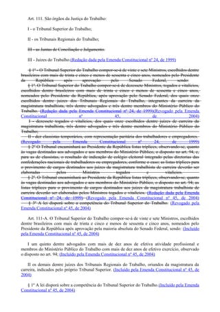 Art. 111. São órgãos da Justiça do Trabalho:
I - o Tribunal Superior do Trabalho;
II - os Tribunais Regionais do Trabalho;
III - as Juntas de Conciliação e Julgamento.
III - Juizes do Trabalho.(Redação dada pela Emenda Constitucional nº 24, de 1999)
§ 1º - O Tribunal Superior do Trabalho compor-se-á de vinte e sete Ministros, escolhidos dentre
brasileiros com mais de trinta e cinco e menos de sessenta e cinco anos, nomeados pelo Presidente
da República após aprovação pelo Senado Federal, sendo:
§ 1º. O Tribunal Superior do Trabalho compor-se-á de dezessete Ministros, togados e vitalícios,
escolhidos dentre brasileiros com mais de trinta e cinco e menos de sessenta e cinco anos,
nomeados pelo Presidente da República, após aprovação pelo Senado Federal, dos quais onze
escolhidos dentre juizes dos Tribunais Regionais do Trabalho, integrantes da carreira da
magistratura trabalhista, três dentre advogados e três dentre membros do Ministério Público do
Trabalho. (Redação dada pela Emenda Constitucional nº 24, de 1999)(Revogado pela Emenda
Constitucional nº 45, de 2004)
I - dezessete togados e vitalícios, dos quais onze escolhidos dentre juízes de carreira da
magistratura trabalhista, três dentre advogados e três dentre membros do Ministério Público do
Trabalho;
II - dez classistas temporários, com representação paritária dos trabalhadores e empregadores.
(Revogado pela Emenda Constitucional nº 24, de 1999)
§ 2º O Tribunal encaminhará ao Presidente da República listas tríplices, observando-se, quanto
às vagas destinadas aos advogados e aos membros do Ministério Público, o disposto no art. 94, e,
para as de classistas, o resultado de indicação de colégio eleitoral integrado pelas diretorias das
confederações nacionais de trabalhadores ou empregadores, conforme o caso; as listas tríplices para
o provimento de cargos destinados aos juízes da magistratura trabalhista de carreira deverão ser
elaboradas pelos Ministros togados e vitalícios.
§ 2º. O Tribunal encaminhará ao Presidente da República listas tríplices, observando-se, quanto
às vagas destinadas aos advogados e aos membros do Ministério Público, o disposto no art. 94; as
listas tríplices para o provimento de cargos destinados aos juízes da magistratura trabalhista de
carreira deverão ser elaboradas pelos Ministros togados e vitalícios. (Redação dada pela Emenda
Constitucional nº 24, de 1999) (Revogado pela Emenda Constitucional nº 45, de 2004)
§ 3º A lei disporá sobre a competência do Tribunal Superior do Trabalho. (Revogado pela
Emenda Constitucional nº 45, de 2004)
Art. 111-A. O Tribunal Superior do Trabalho compor-se-á de vinte e sete Ministros, escolhidos
dentre brasileiros com mais de trinta e cinco e menos de sessenta e cinco anos, nomeados pelo
Presidente da República após aprovação pela maioria absoluta do Senado Federal, sendo: (Incluído
pela Emenda Constitucional nº 45, de 2004)
I um quinto dentre advogados com mais de dez anos de efetiva atividade profissional e
membros do Ministério Público do Trabalho com mais de dez anos de efetivo exercício, observado
o disposto no art. 94; (Incluído pela Emenda Constitucional nº 45, de 2004)
II os demais dentre juízes dos Tribunais Regionais do Trabalho, oriundos da magistratura da
carreira, indicados pelo próprio Tribunal Superior. (Incluído pela Emenda Constitucional nº 45, de
2004)
§ 1º A lei disporá sobre a competência do Tribunal Superior do Trabalho.(Incluído pela Emenda
Constitucional nº 45, de 2004)
 