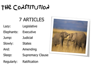 The Constitution
             7 ARTICLES
Lazy:         Legislative
Elephants:    Executive
Jump:         Judicial
Slowly:       States
And:          Amending
Sleep:        Supremacy Clause

Regularly:    Ratification
 