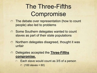 The Three-Fifths
Compromise
The debate over representation (how to count
people) also led to problems

Some Southern delegates wanted to count
slaves as part of their state populations
Northern delegates disagreed, thought it was
unfair
Delegates accepted the Three-Fifths
compromise.
Each slave would count as 3/5 of a person
(100 slaves = 60)

 