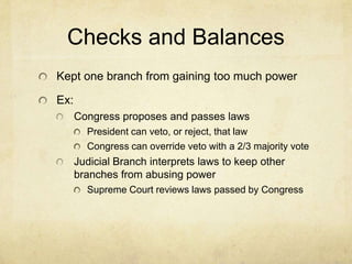 Checks and Balances
Kept one branch from gaining too much power
Ex:
Congress proposes and passes laws
President can veto, or reject, that law
Congress can override veto with a 2/3 majority vote

Judicial Branch interprets laws to keep other
branches from abusing power
Supreme Court reviews laws passed by Congress

 