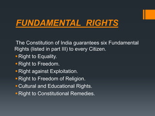 FUNDAMENTAL RIGHTS
The Constitution of India guarantees six Fundamental
Rights (listed in part III) to every Citizen.
Right to Equality.
Right to Freedom.
Right against Exploitation.
Right to Freedom of Religion.
Cultural and Educational Rights.
Right to Constitutional Remedies.
 