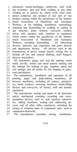 1   unionmelt, atomic-hydrogen, carbon-arc, stud weld-
 2   ing resistance, spot and flash welding or any other
 3   welding art or process by which work when com-
 4   pleted comprises any product or any part of any
 5   product coming within the jurisdiction of the Interna-
 6   tional Association of Machinists and Aerospace
 7   Workers, or the building, installation, maintaining,
 8   repairing and dismantling by welding or cutting of
 9   any structure, plant, refinery, conveyor, crusher,
10   mixer, mill, machine, tank, container or equipment
11   which comes within the jurisdiction of the Interna-
12   tional Association of Machinists and Aerospace
13   Workers, including dismantling.       All lubricating
14   devices, injectors, and inspirators and parts thereof,
15   and attachments thereto. All devices used in the
16   transmission of power except electric wiring, this to
17   include all line and counter shafting, shaft hangers,
18   sheaves, and pulleys.
19     All instrument, gauge tool and die making, metal
20   mold, novelty, model and metal pattern making and
21   die sinking; the making of jigs, templets, spiral and
22   coil springs, and all molds for the shaping of glass-
23   ware and plastics.
24     The manufacture, installation and operation of all
25   printing, paper and pulp-making machinery, all
26   brewery machinery, including all soakers, pasteuriz-
27   ers, bottle washers, crowning machines, bottle-filling
28   devices and conveyors, all factory, mill and laundry
29   machinery.
30     The manufacture, testing and repair of all electronic
31   and/or mechanical counting, recording and corre-
32   spondence devices, such as: cash registers, typewrit-
33   ers, adding machines, sealing and addressing de-
34   vices, and all other office machinery, including the
35   testing of complete units or component units, used in
36   conjunction therewith.
37     The manufacture, assembly, testing, installation,


                                 (vii)
 